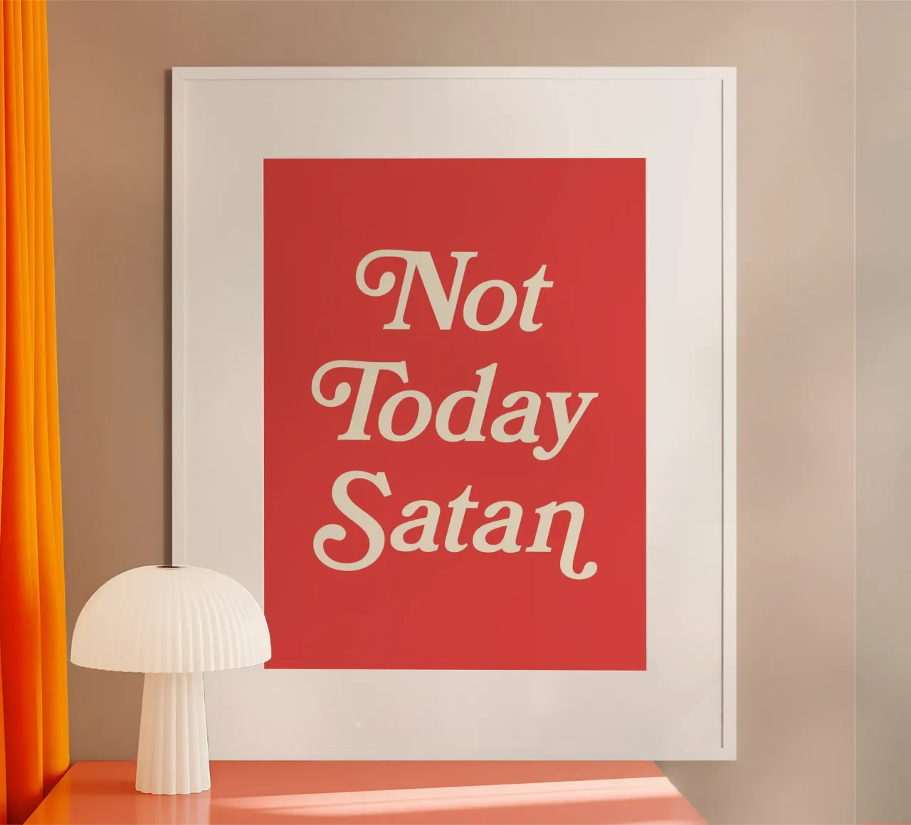 Non oggi Satana (tono rosso) poster con telaio in plastica da Paigaam Studio