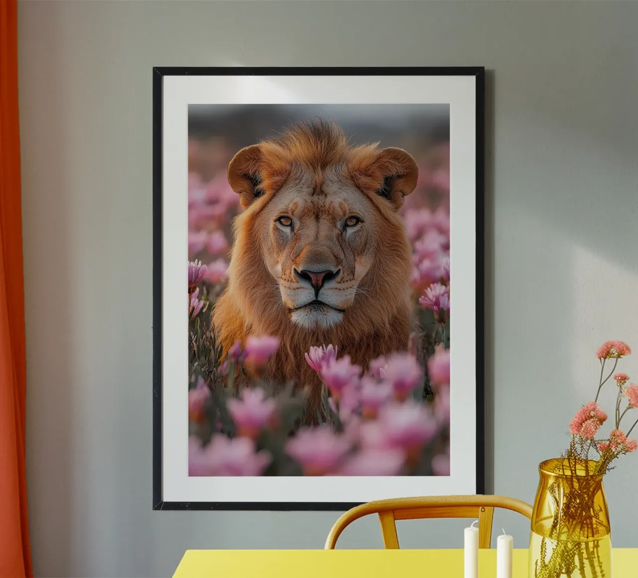 Il re incrollabile: il Leone nella sua forza poster con telaio in legno da Nikis Art Studio
