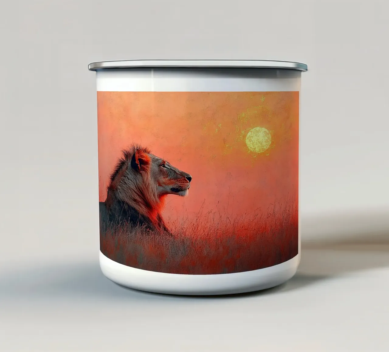 Il leone di domani: uno sguardo al futuro tazza in smalto da Nikis Art Studio
