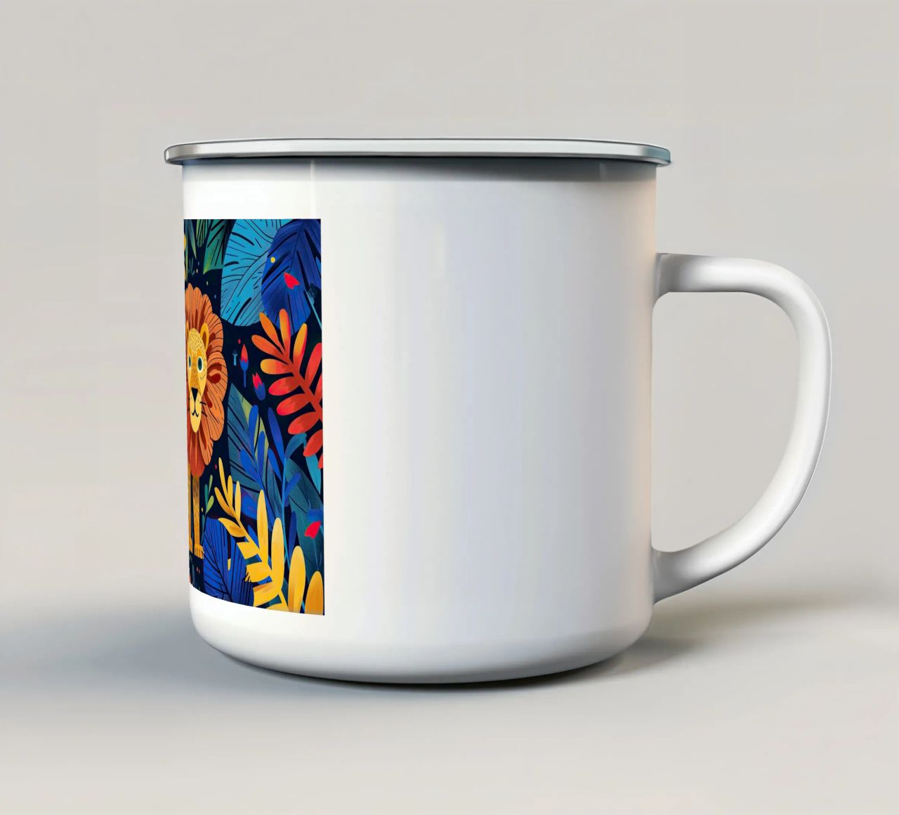 La crinière de feu : un lion à la conquête du monde mug en émail de Nikis Art Studio