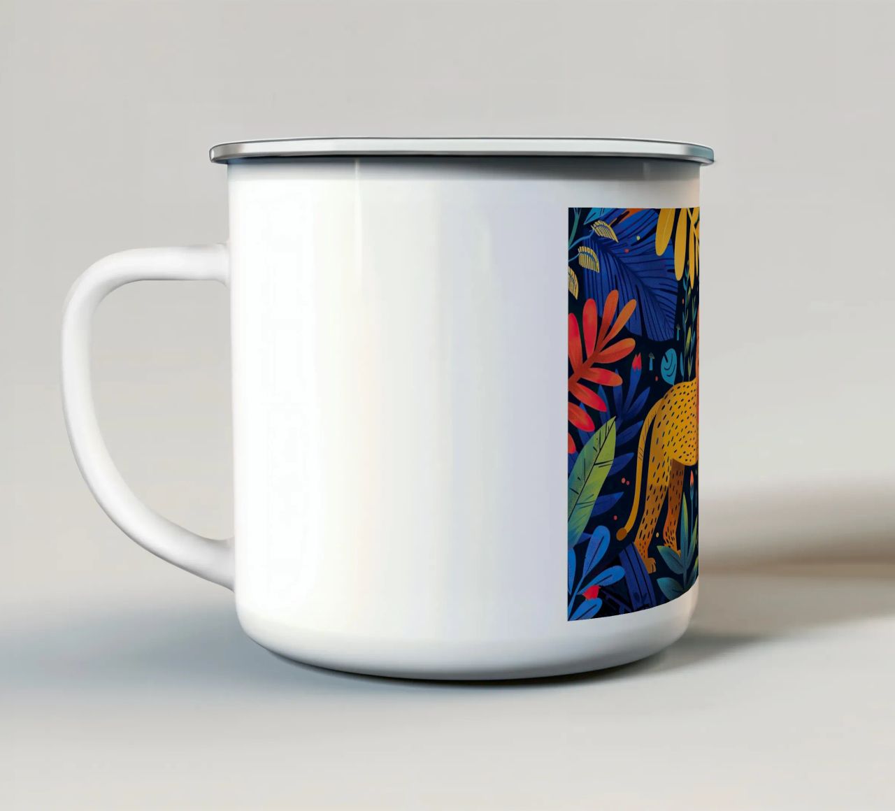 La crinière de feu : un lion à la conquête du monde mug en émail de Nikis Art Studio