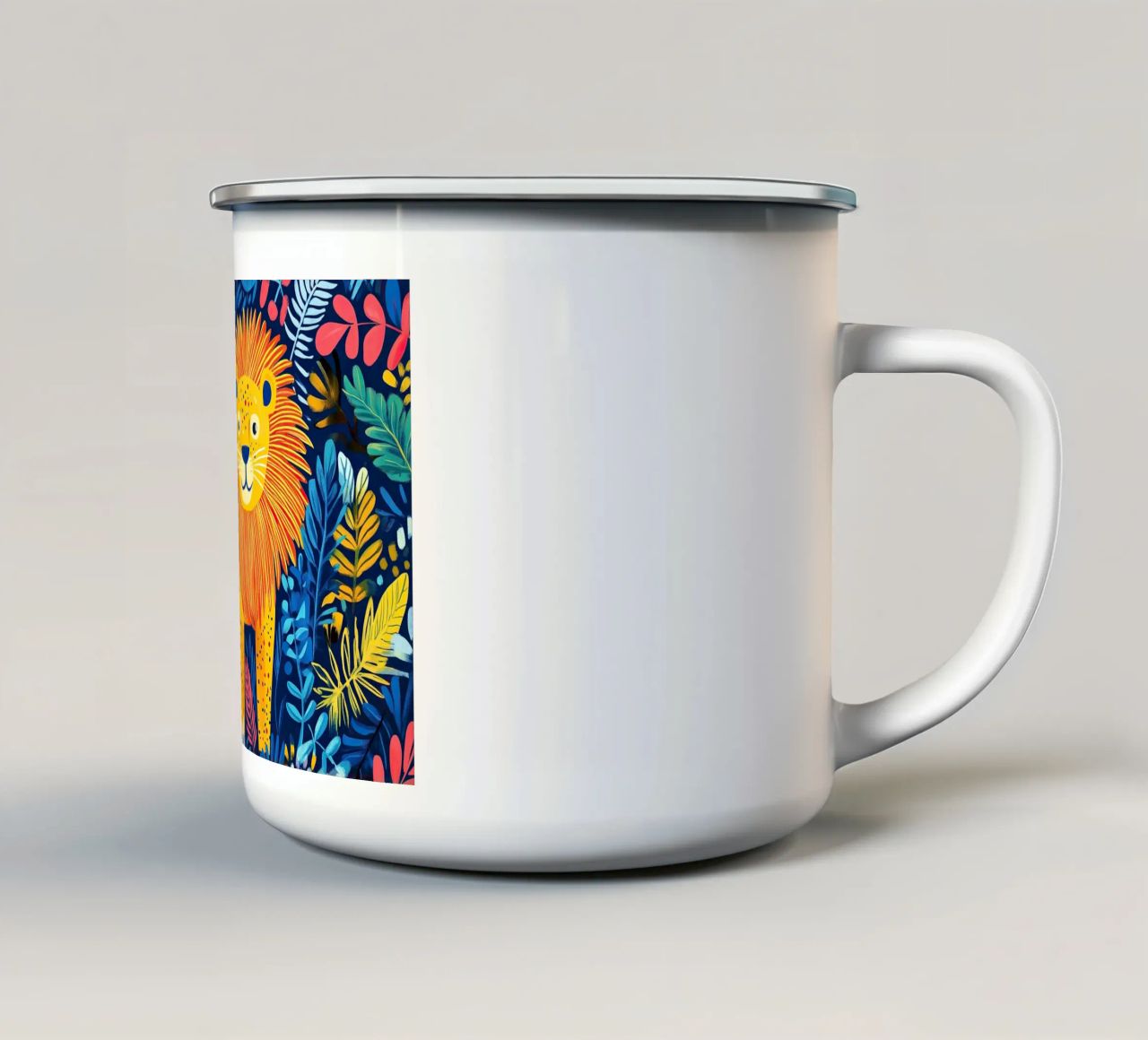Majesté de la savane : le lion s'éveille mug en émail de Nikis Art Studio