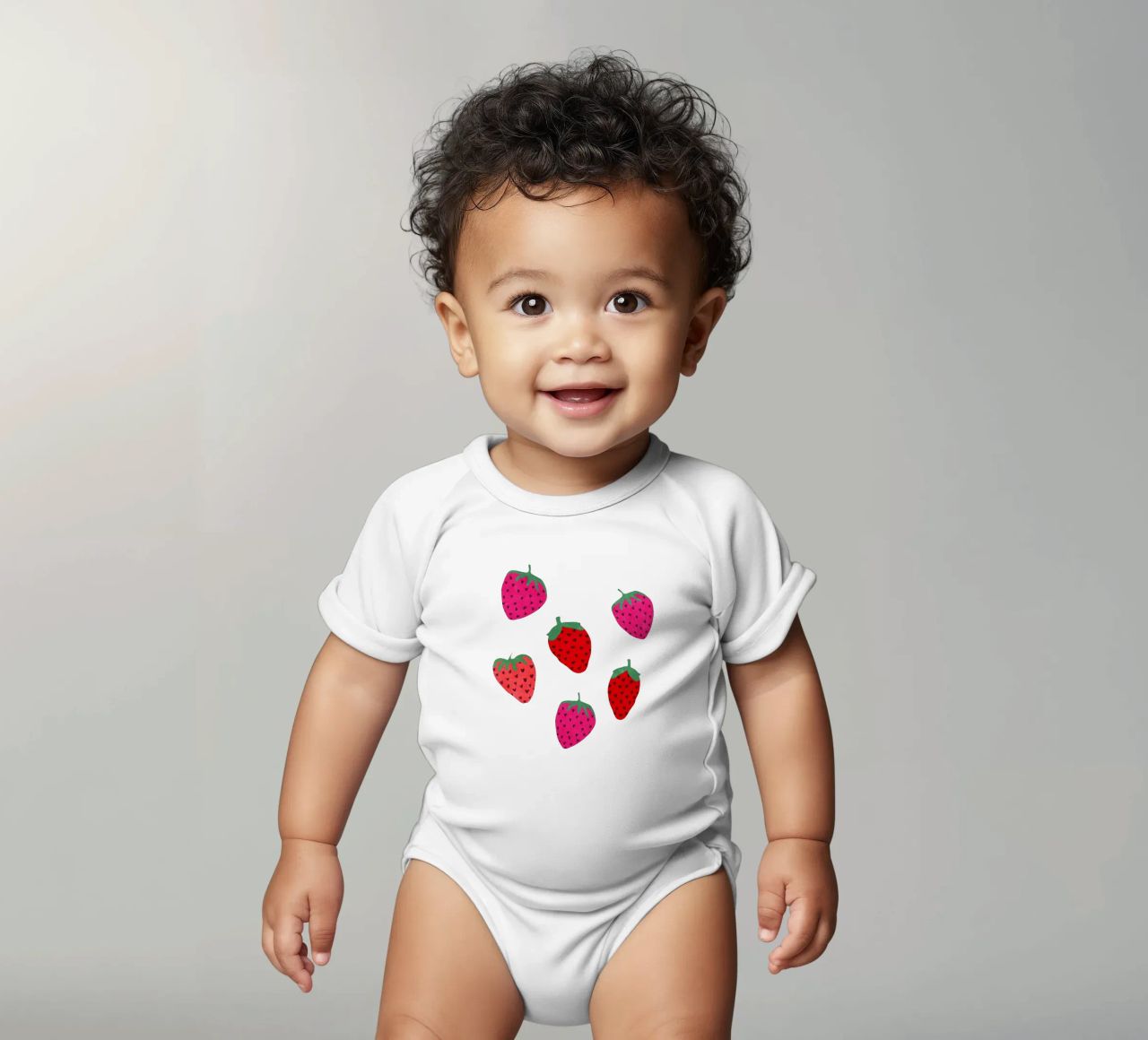 Strawberry Pattern on black short-sleeve baby romper by Illustration Raissa Oltmanns