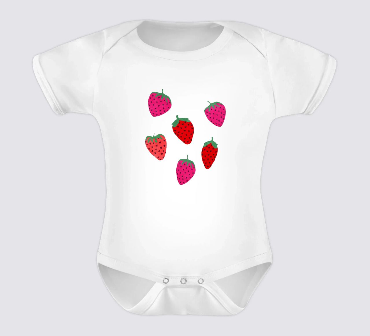 Strawberry Pattern on black short-sleeve baby romper by Illustration Raissa Oltmanns