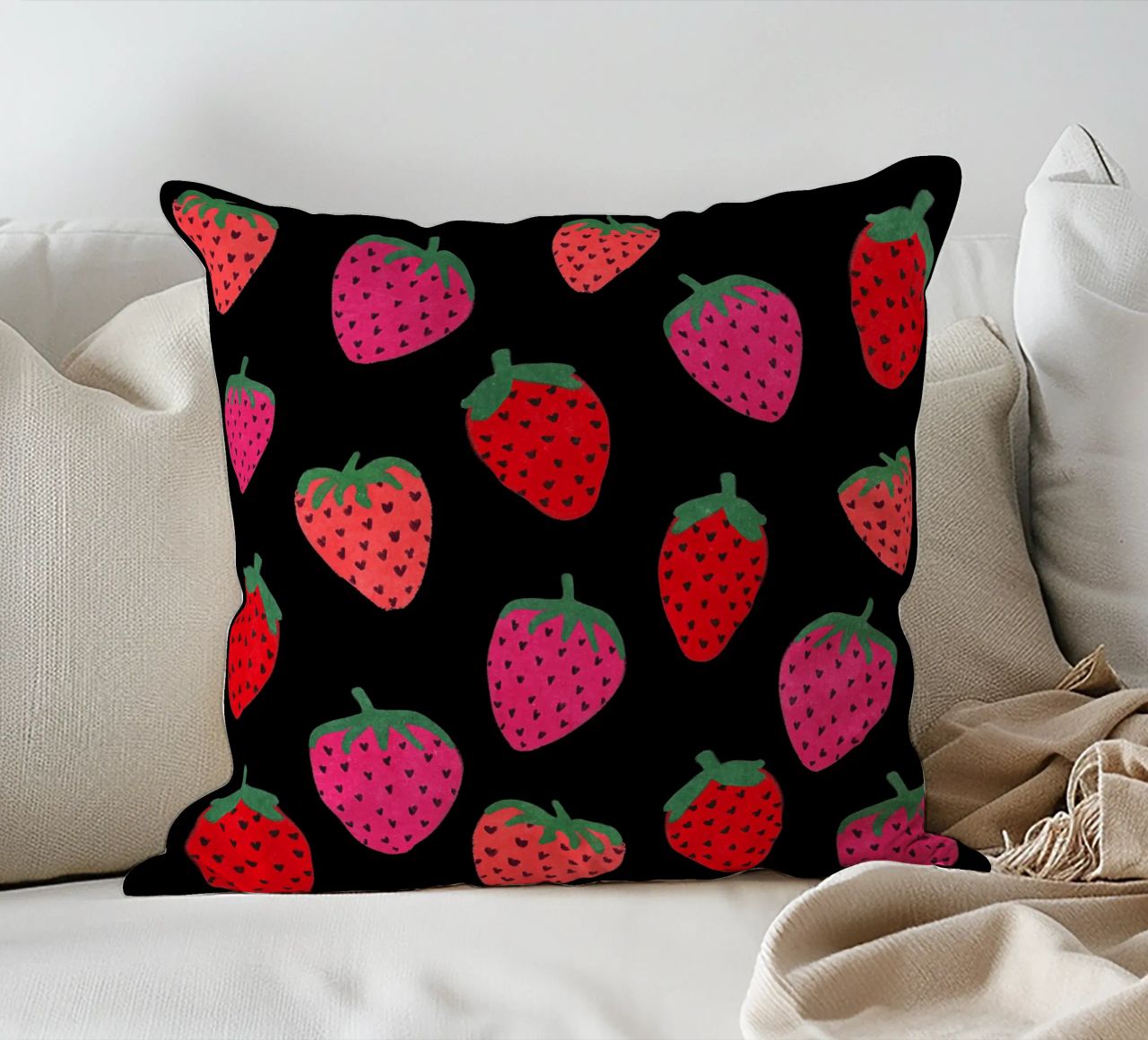 Strawberry Pattern on black decorative cushion by Illustration Raissa Oltmanns
