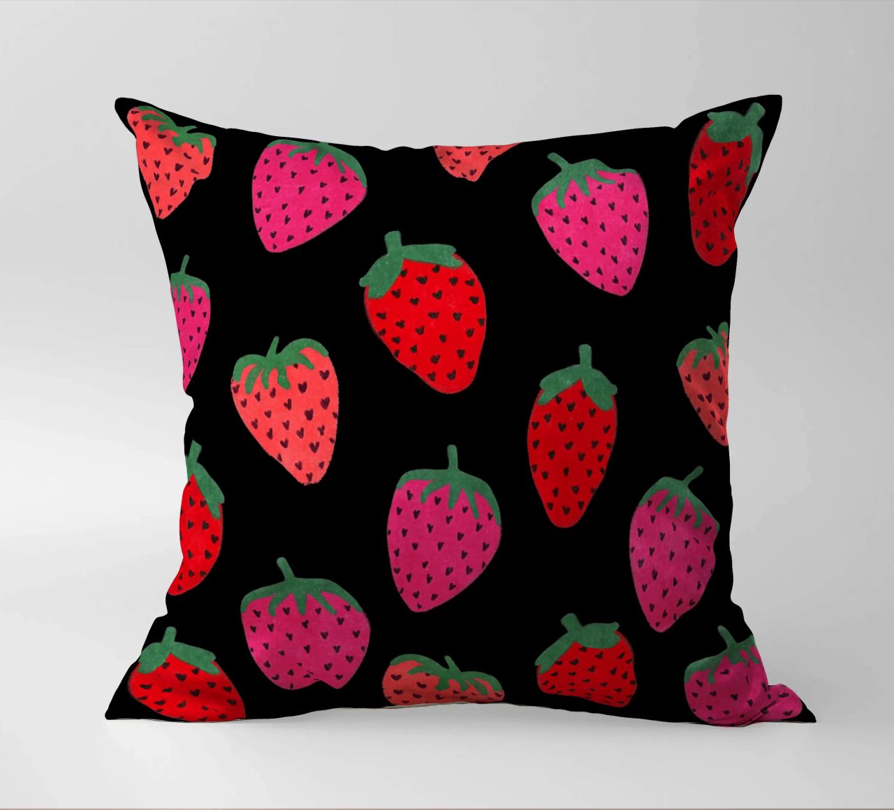 Strawberry Pattern on black decorative cushion by Illustration Raissa Oltmanns