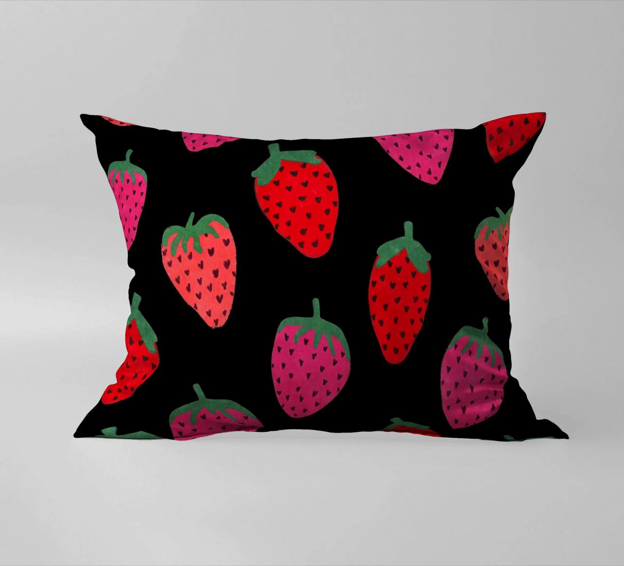 Strawberry Pattern on black decorative cushion by Illustration Raissa Oltmanns
