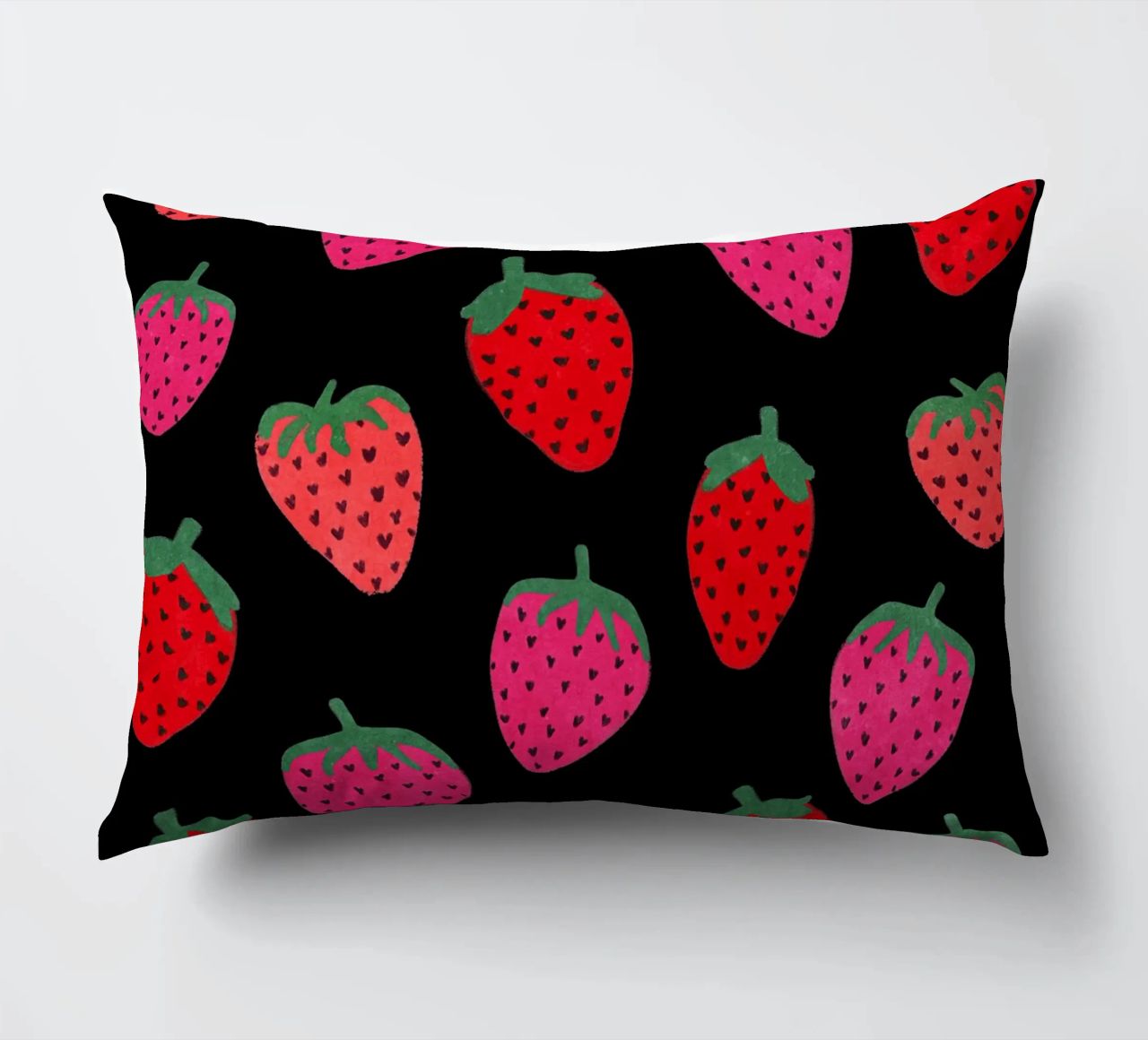 Strawberry Pattern on black decorative cushion by Illustration Raissa Oltmanns
