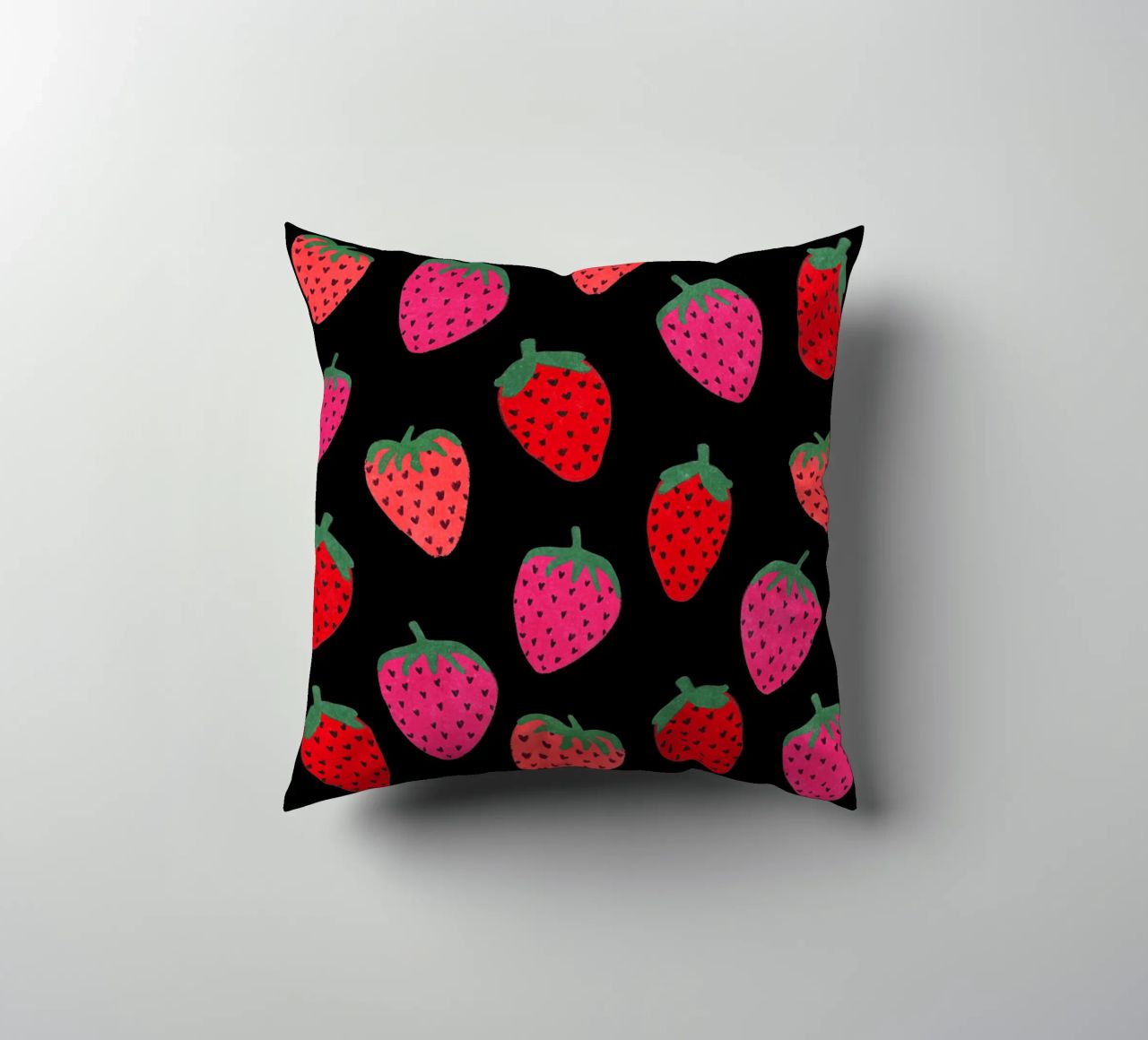 Strawberry Pattern on black decorative cushion by Illustration Raissa Oltmanns