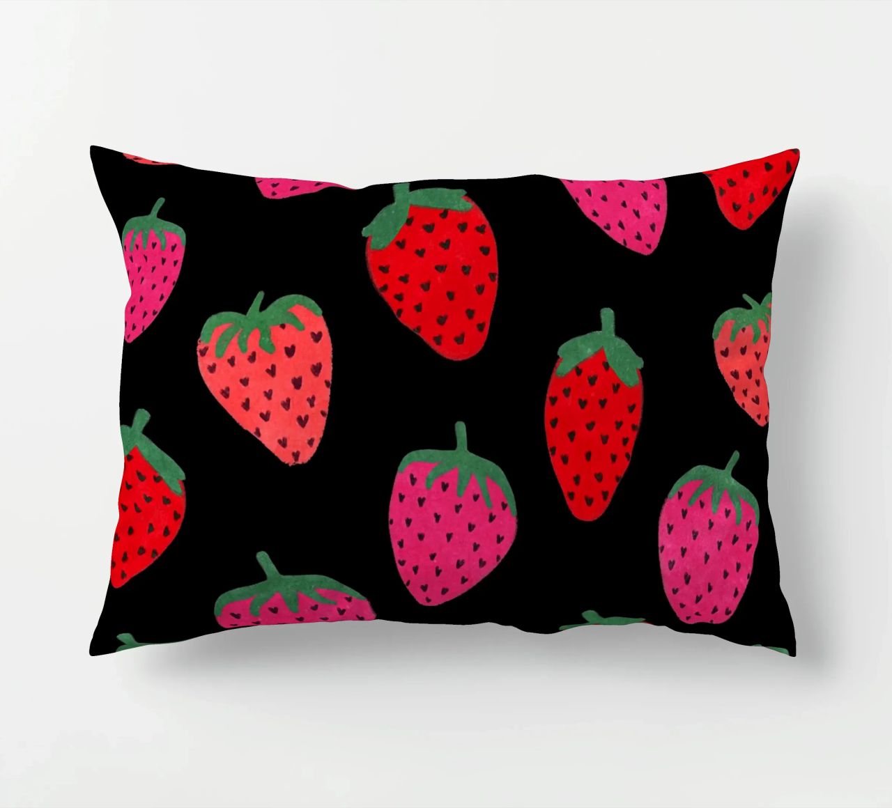 Strawberry Pattern on black decorative cushion by Illustration Raissa Oltmanns