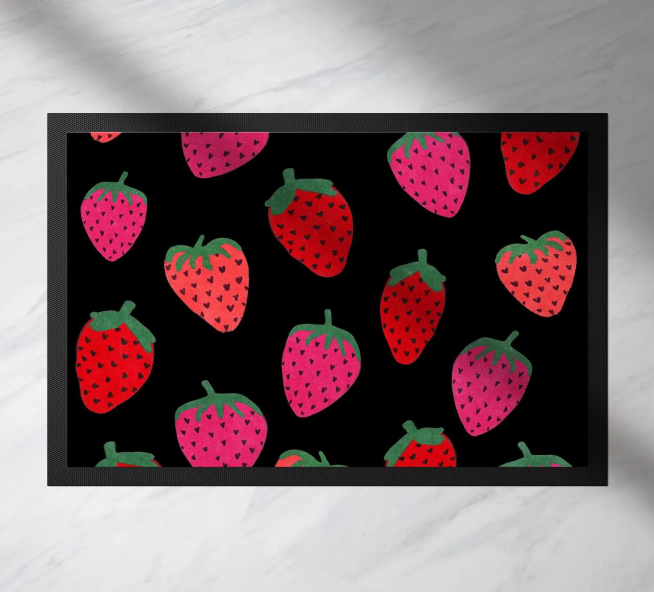 Strawberry Pattern on black doormat by Illustration Raissa Oltmanns