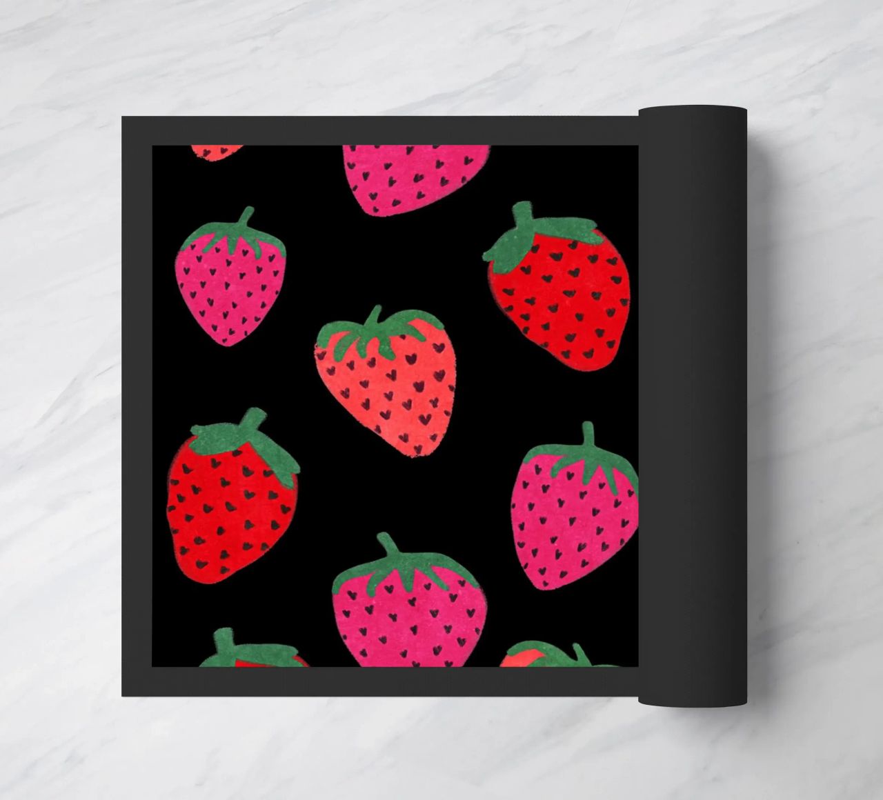 Strawberry Pattern on black doormat by Illustration Raissa Oltmanns