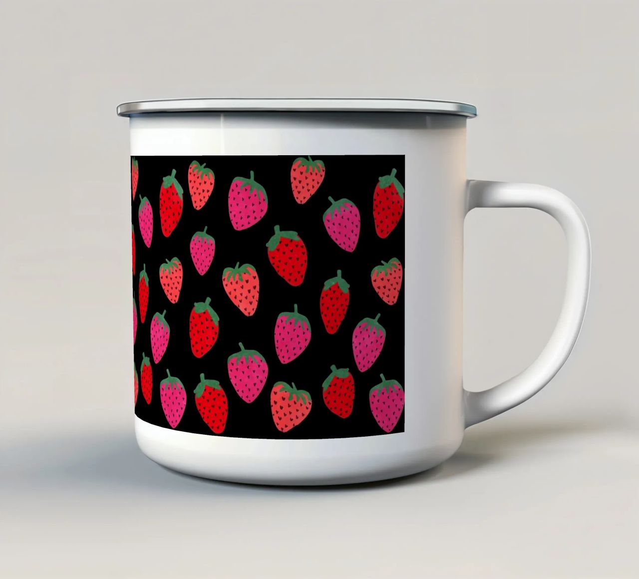 Strawberry Pattern on black enamel mug by Illustration Raissa Oltmanns