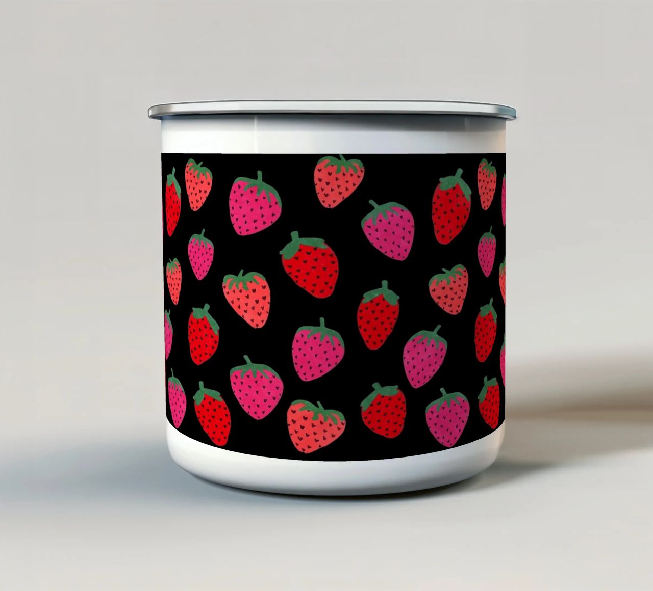 Strawberry Pattern on black enamel mug by Illustration Raissa Oltmanns