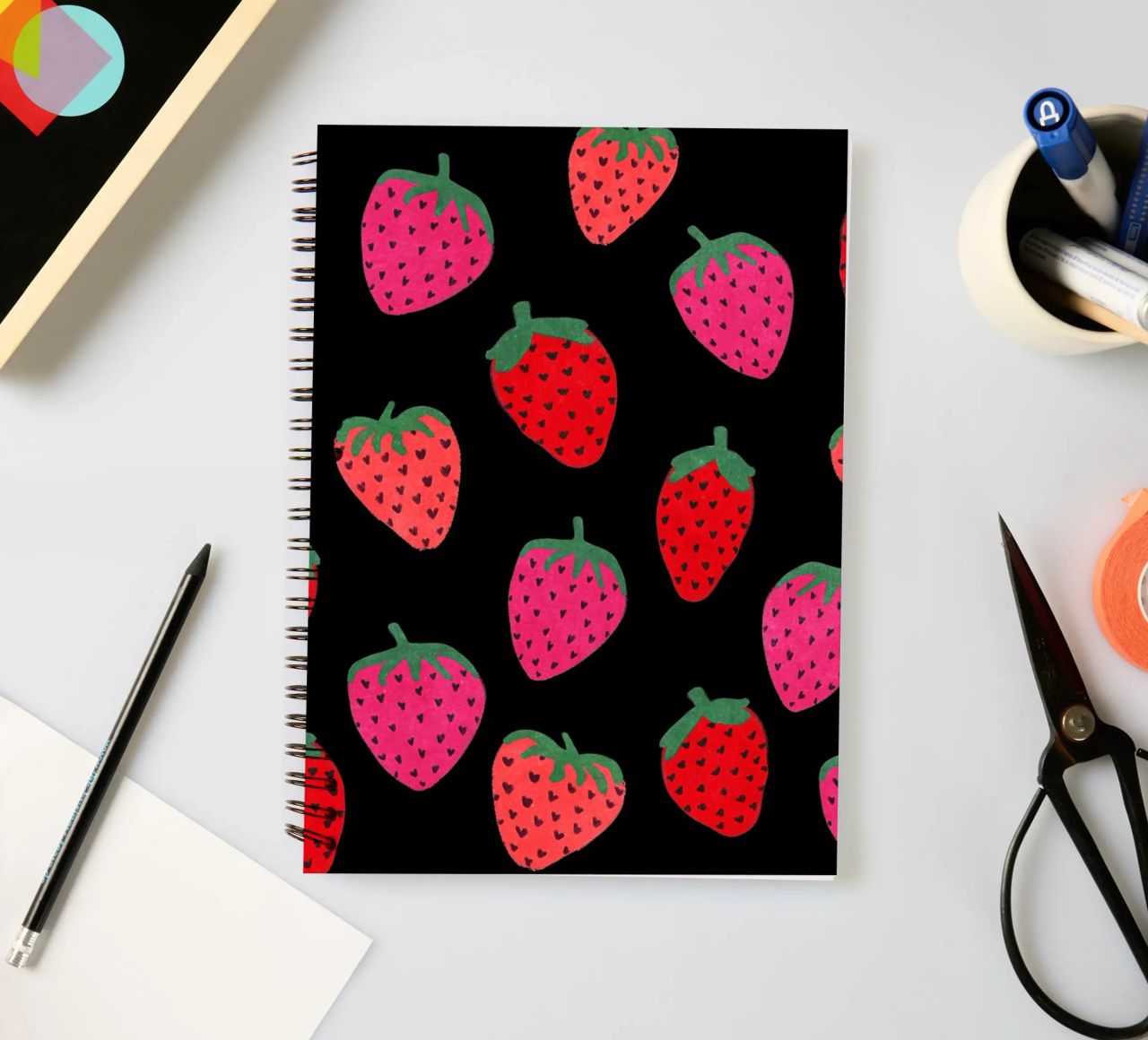 Strawberry Pattern on black spiral notebook by Illustration Raissa Oltmanns