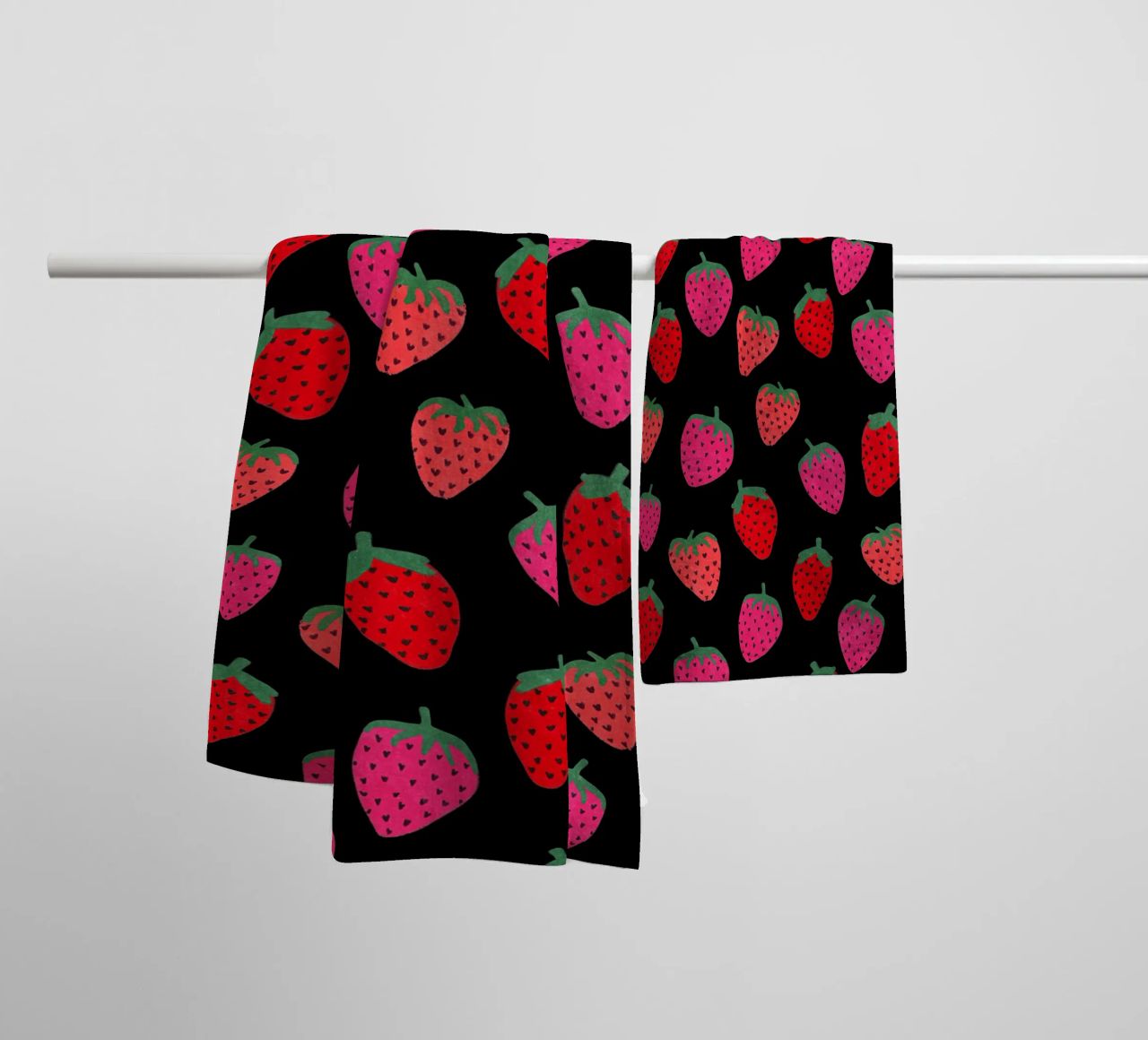 Strawberry Pattern on black towel by Illustration Raissa Oltmanns