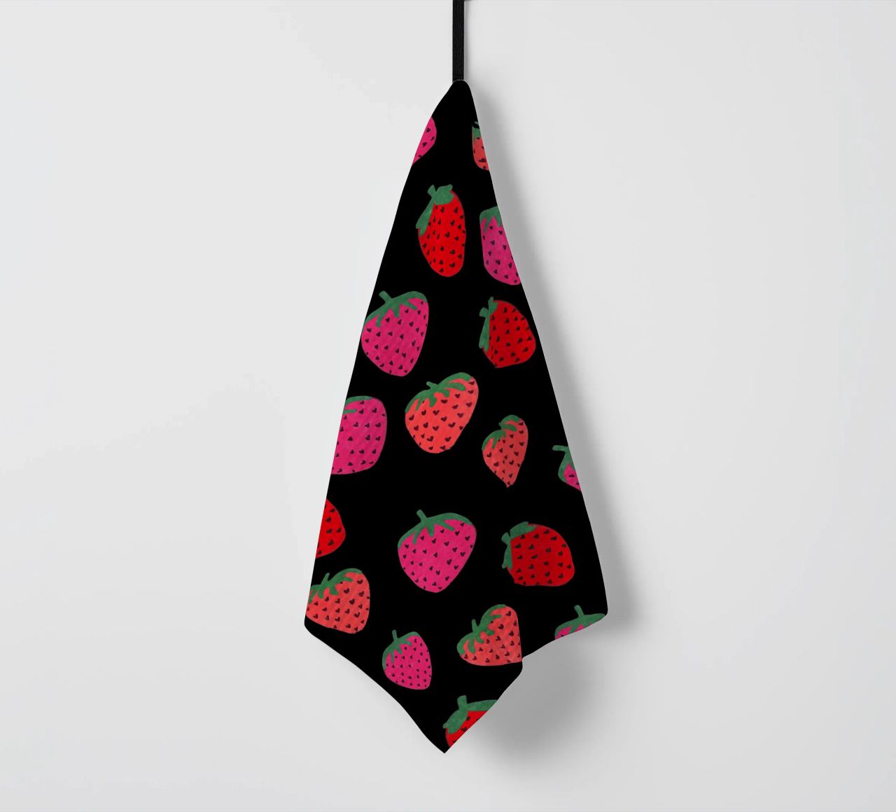 Strawberry Pattern on black tea towel by Illustration Raissa Oltmanns