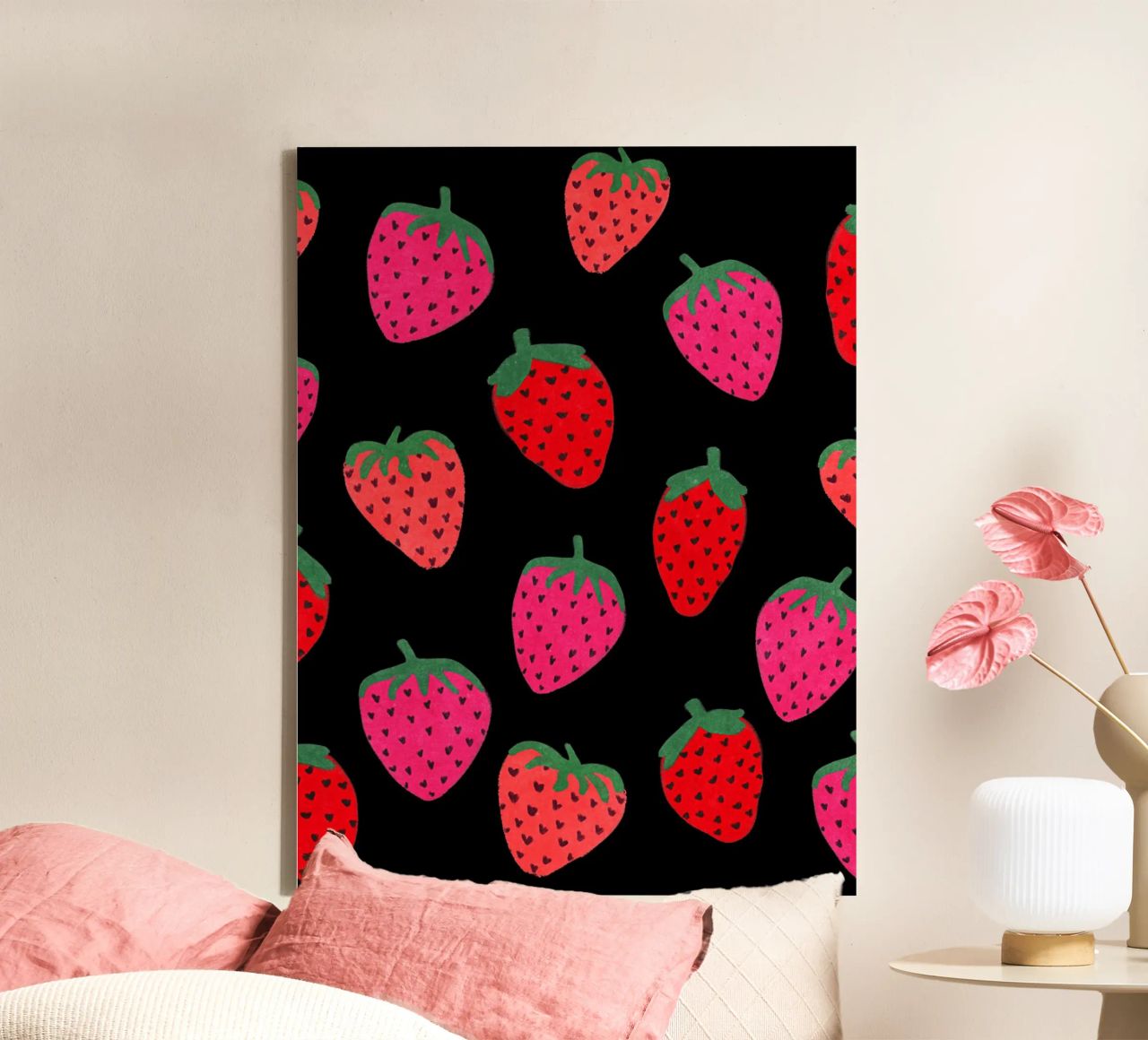 Strawberry Pattern on black canvas by Illustration Raissa Oltmanns