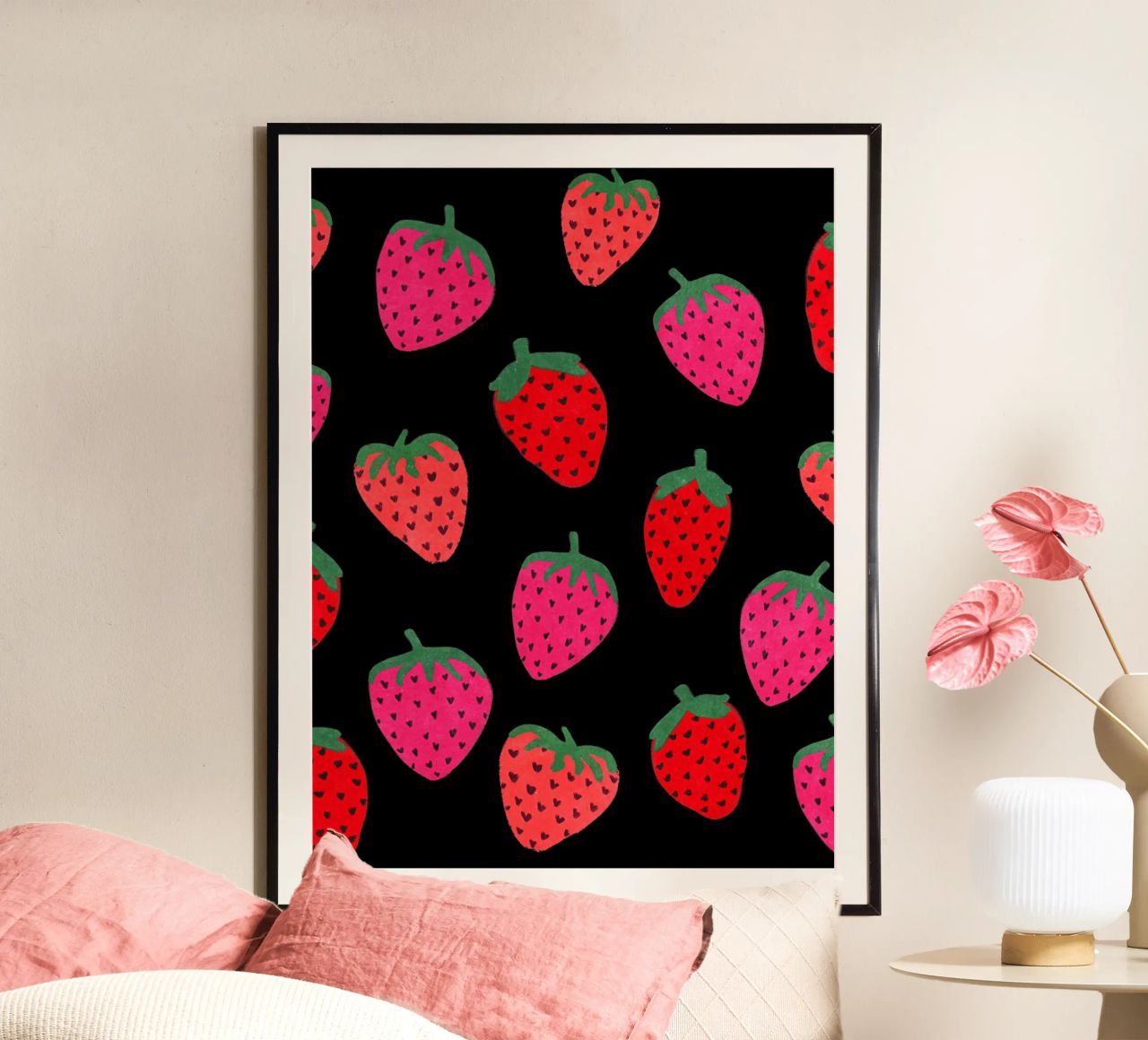 Strawberry Pattern on black poster by Illustration Raissa Oltmanns