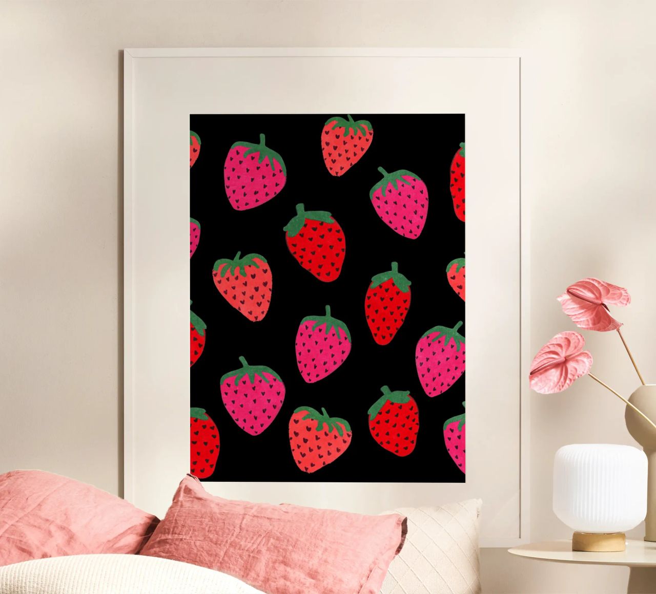Strawberry Pattern on black poster by Illustration Raissa Oltmanns
