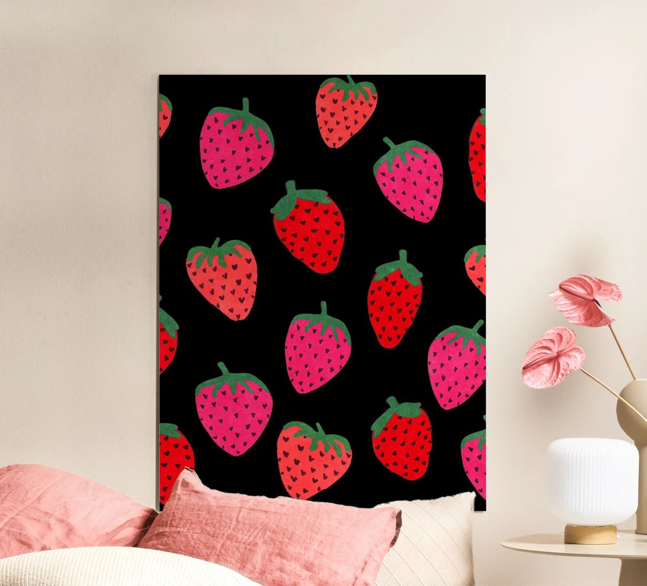 Strawberry Pattern on black poster by Illustration Raissa Oltmanns