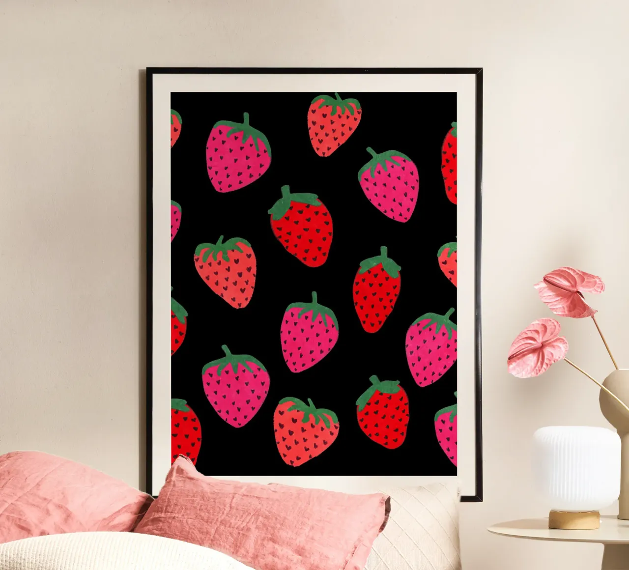 Strawberry Pattern on black hahnemühle by Illustration Raissa Oltmanns