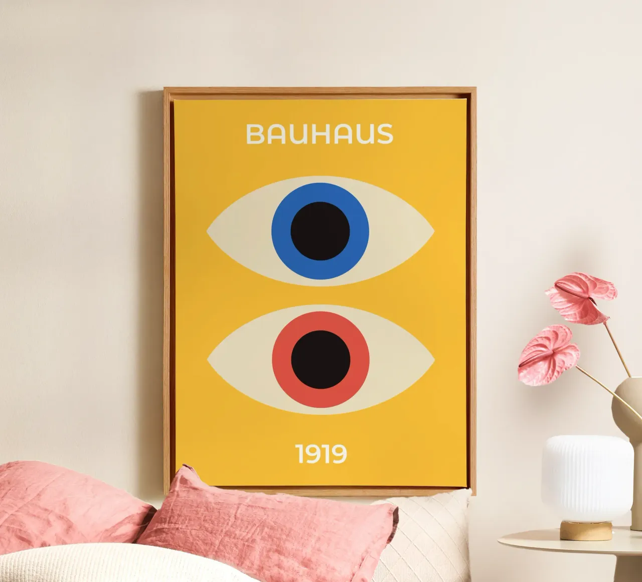Bauhaus Ogen 1919 Tentoonstelling (Blauw en rood getint) canvas met Baklijst van Paigaam Studio