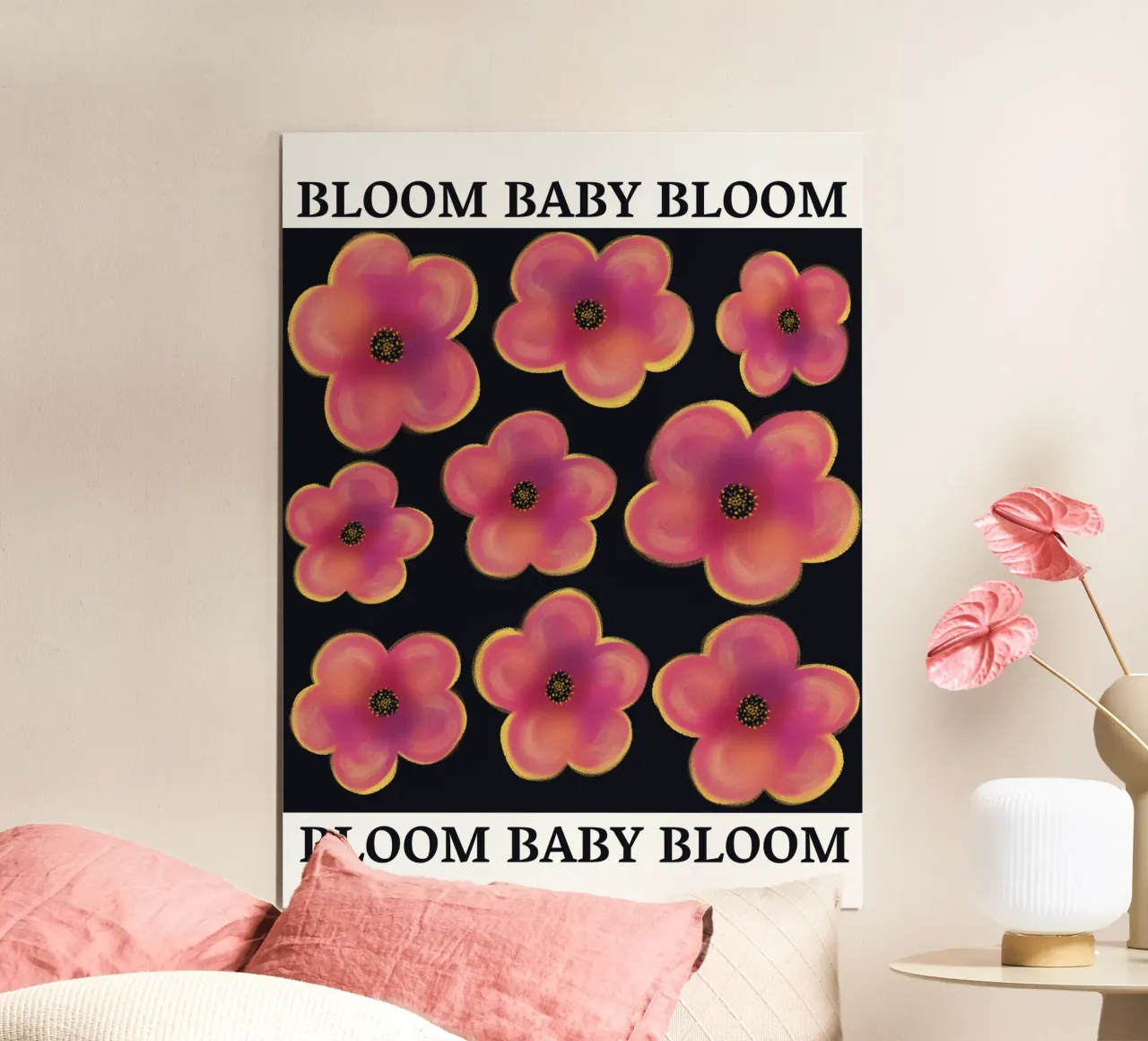 Audace motivo a fiori rosa su nero poster con telaio in legno da Illustration Raissa Oltmanns