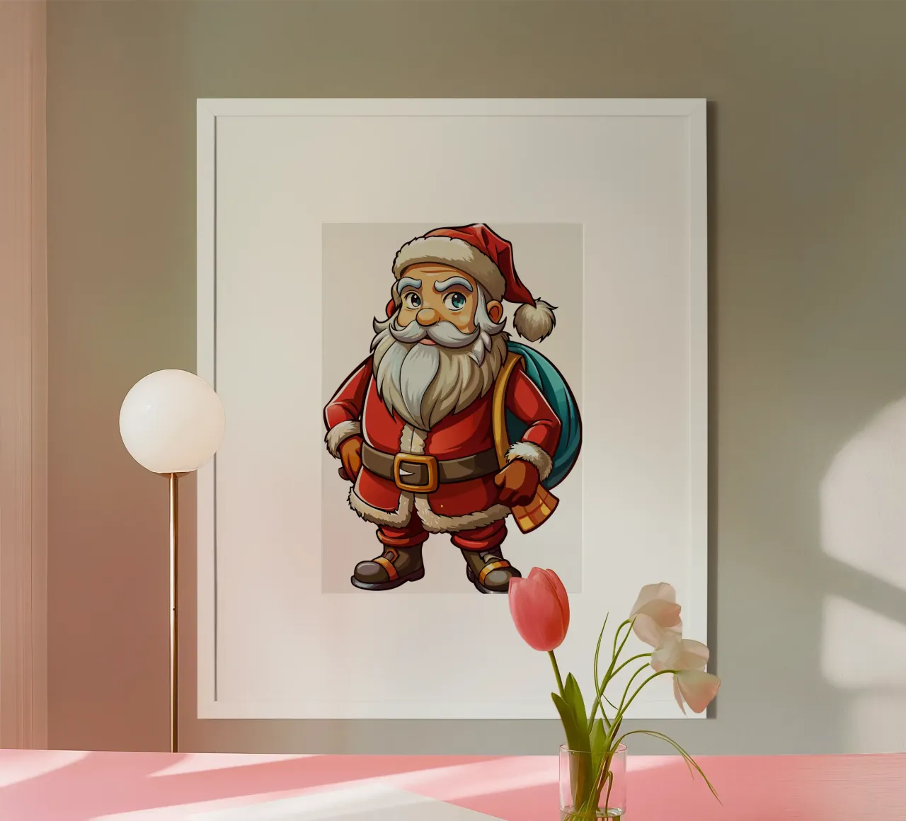 Cartone animato di Babbo Natale con sacco di regali poster con telaio in alluminio da Artnesia