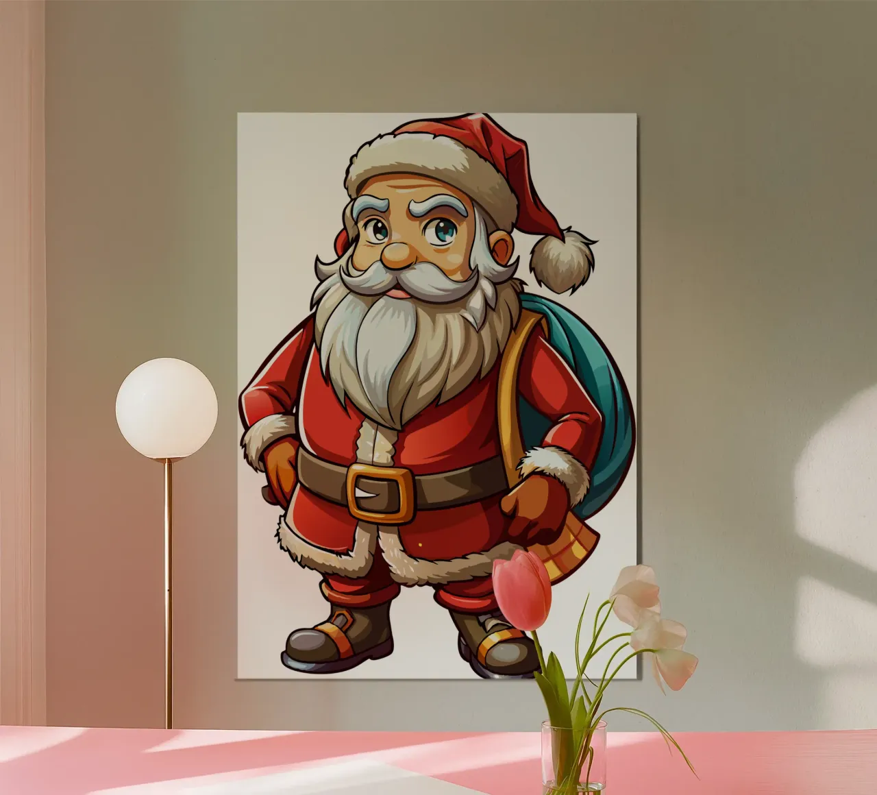 Cartone animato di Babbo Natale con sacco di regali poster con telaio in alluminio da Artnesia