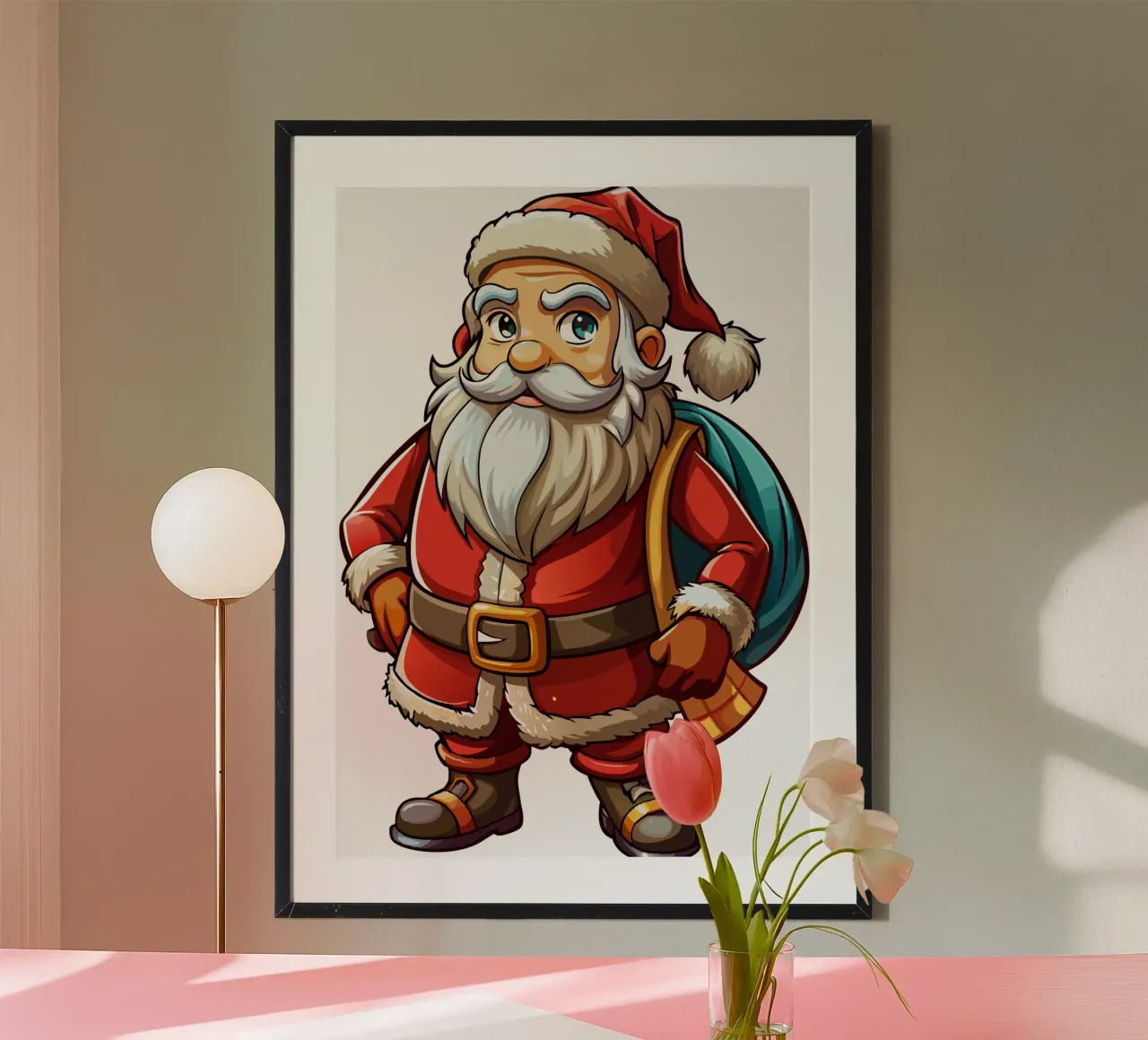 Cartone animato di Babbo Natale con sacco di regali poster con telaio in alluminio da Artnesia