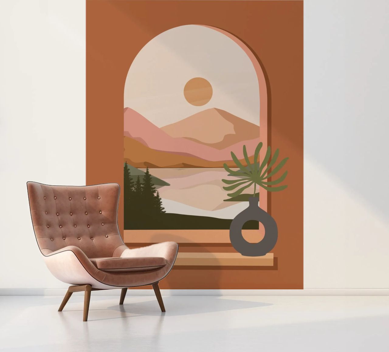 Vase with a green plant in front of an arched window papel para pared de LisaArtes