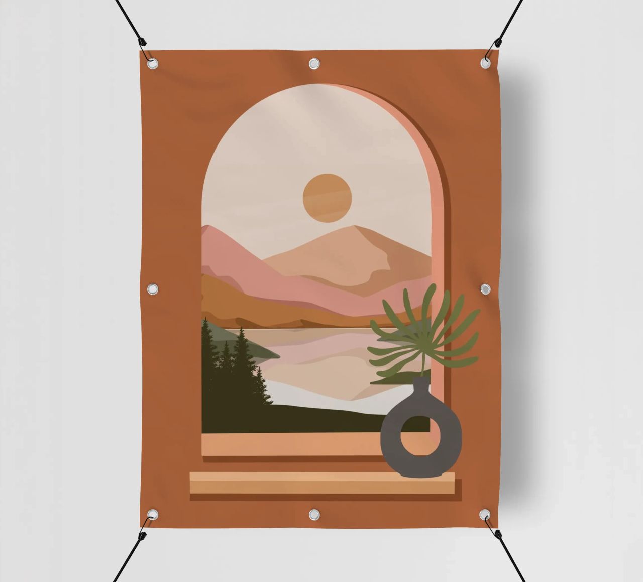 Vase with a green plant in front of an arched window telo in pvc da LisaArtes