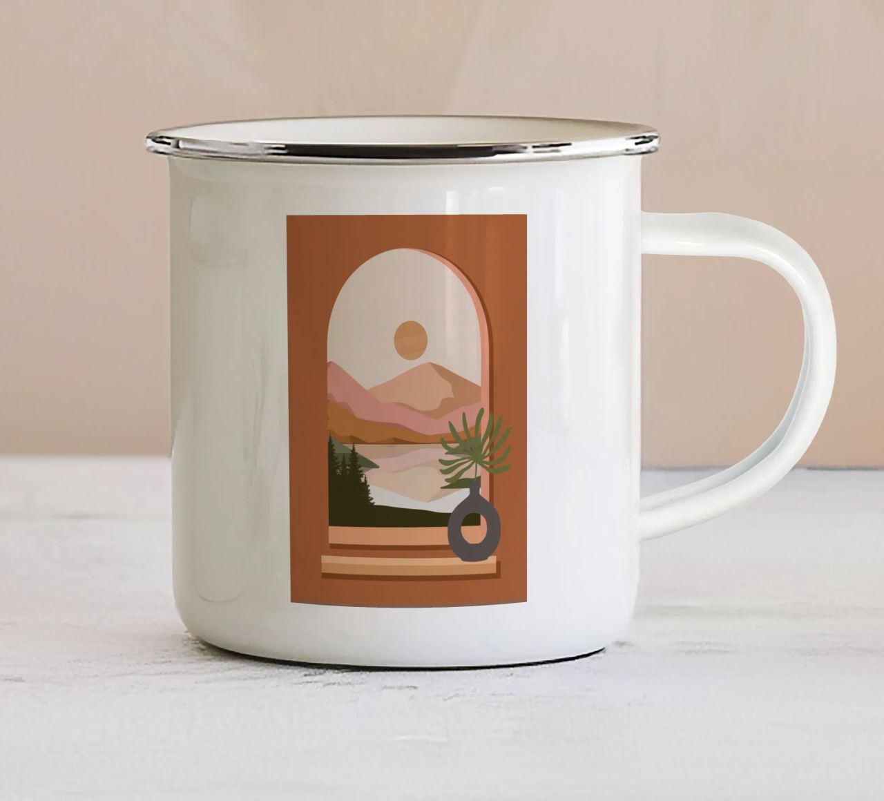 Vase with a green plant in front of an arched window tazza in smalto da LisaArtes