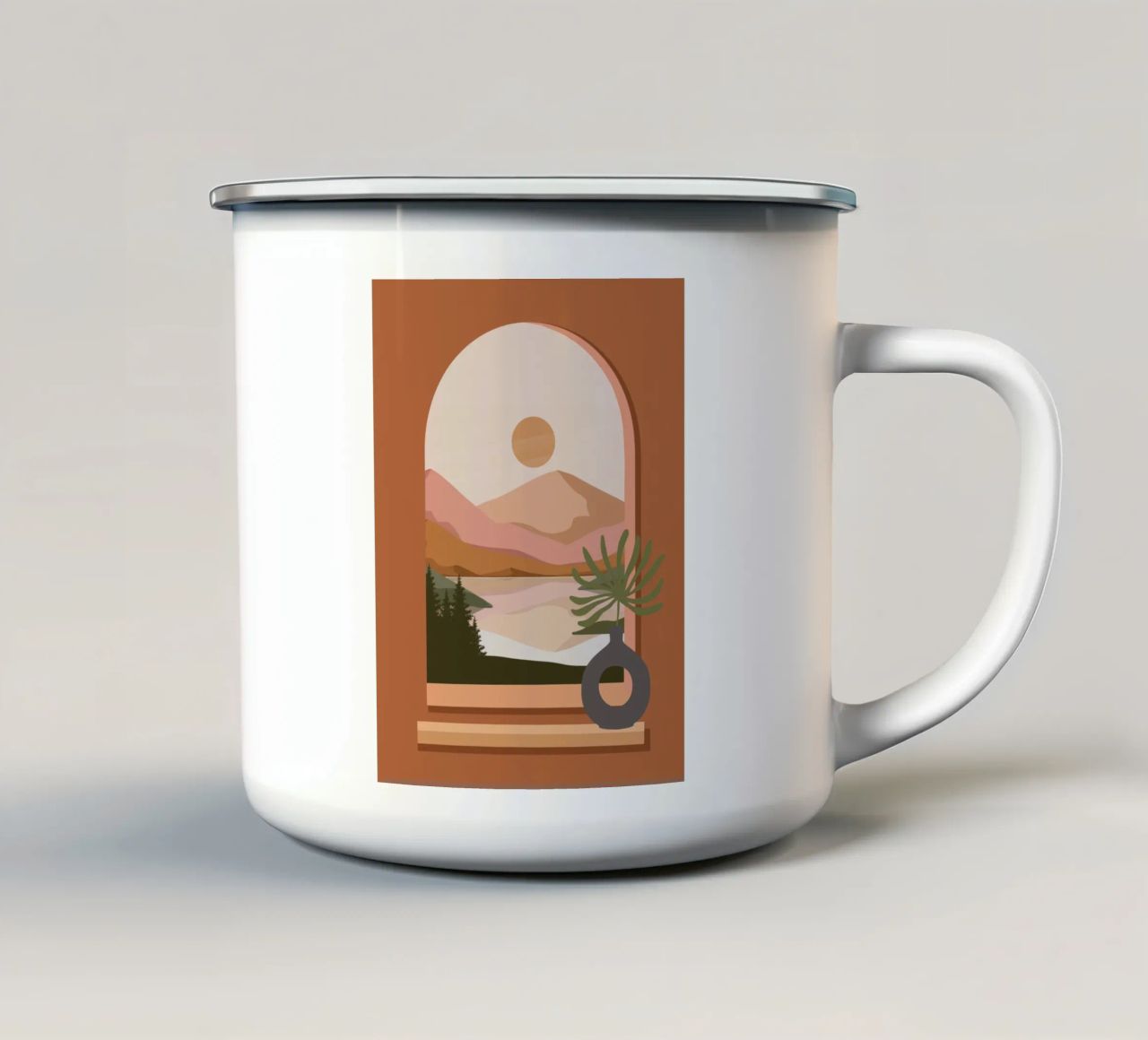 Vase with a green plant in front of an arched window tazza in smalto da LisaArtes