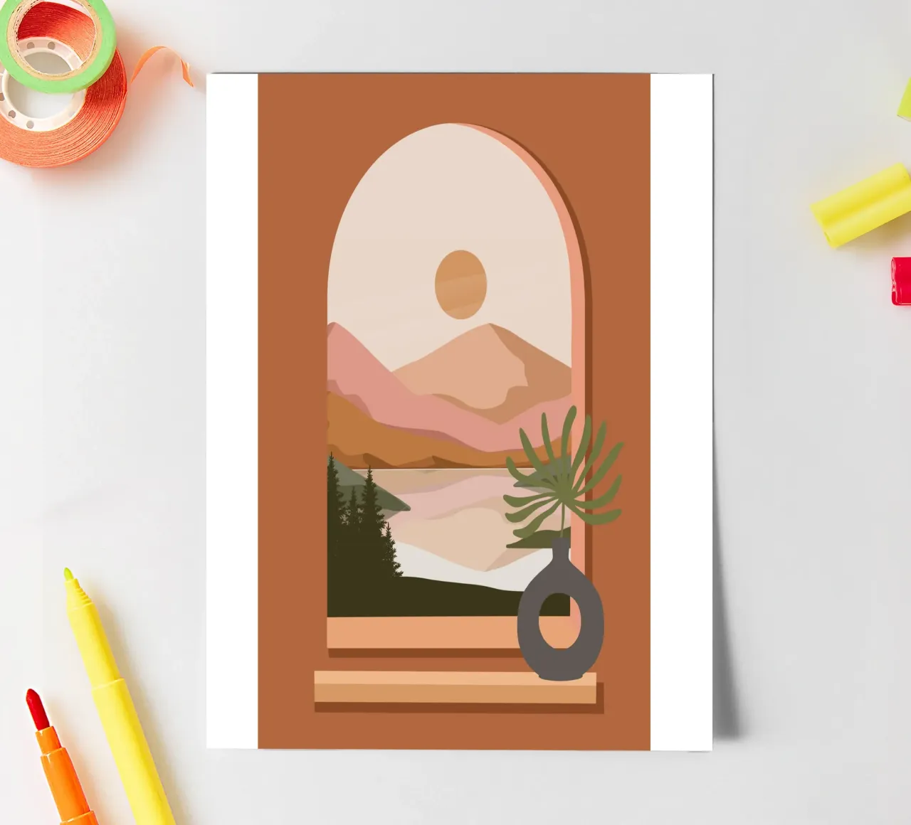 Vase with a green plant in front of an arched window foglio adesivo da LisaArtes