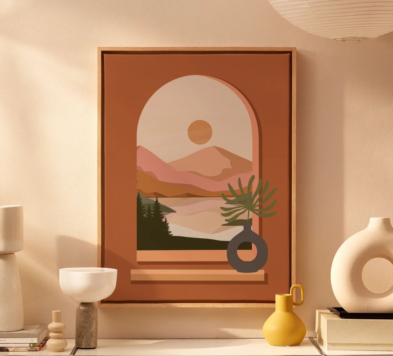 Vase with a green plant in front of an arched window canvas by LisaArtes