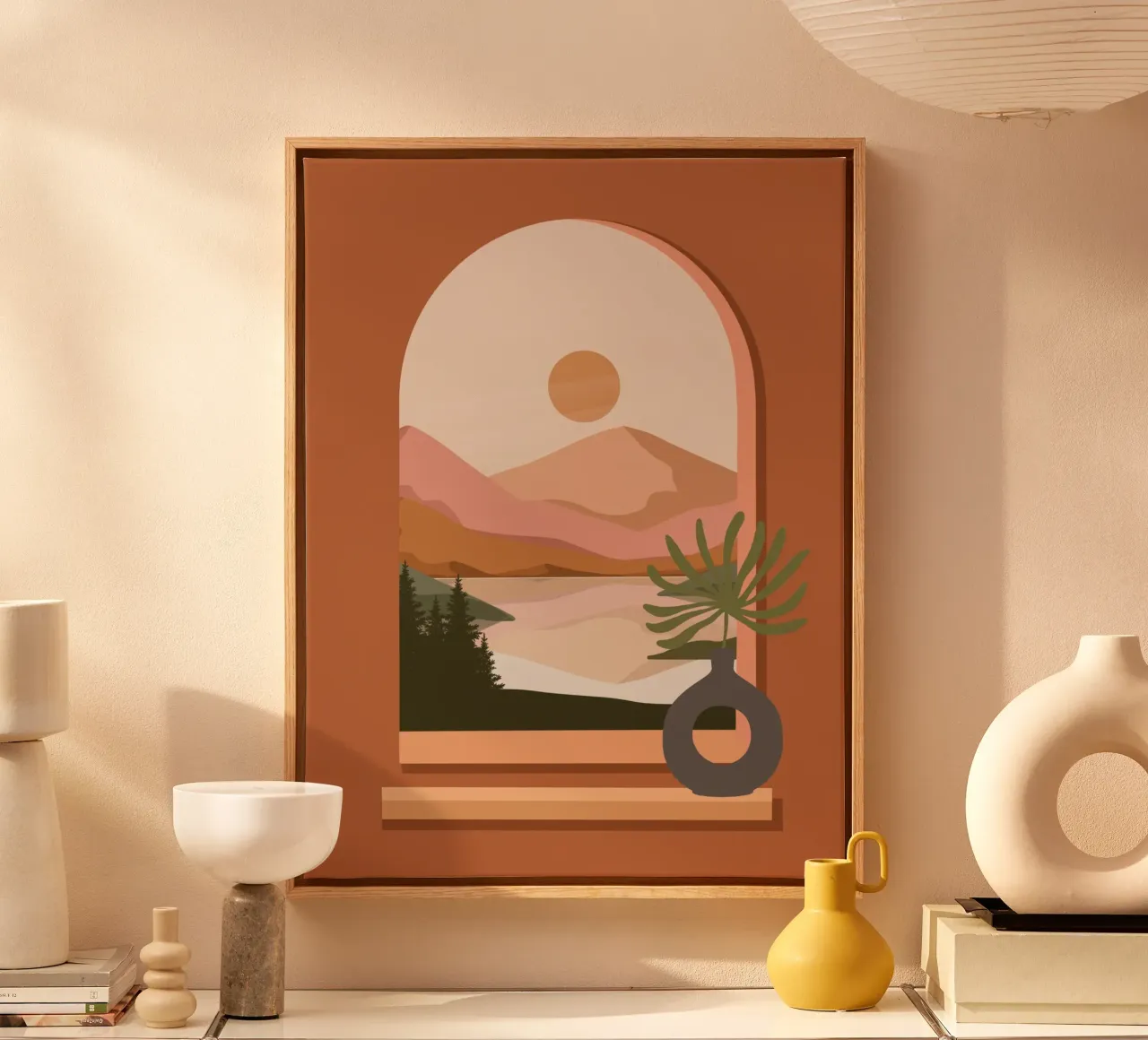 Vase with a green plant in front of an arched window Leinwand von LisaArtes