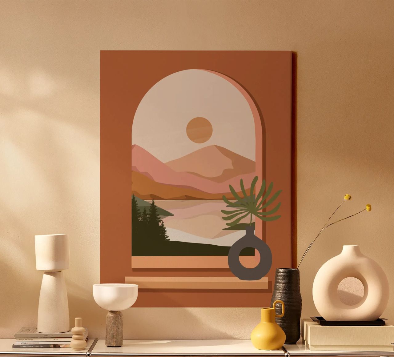 Vase with a green plant in front of an arched window canvas by LisaArtes