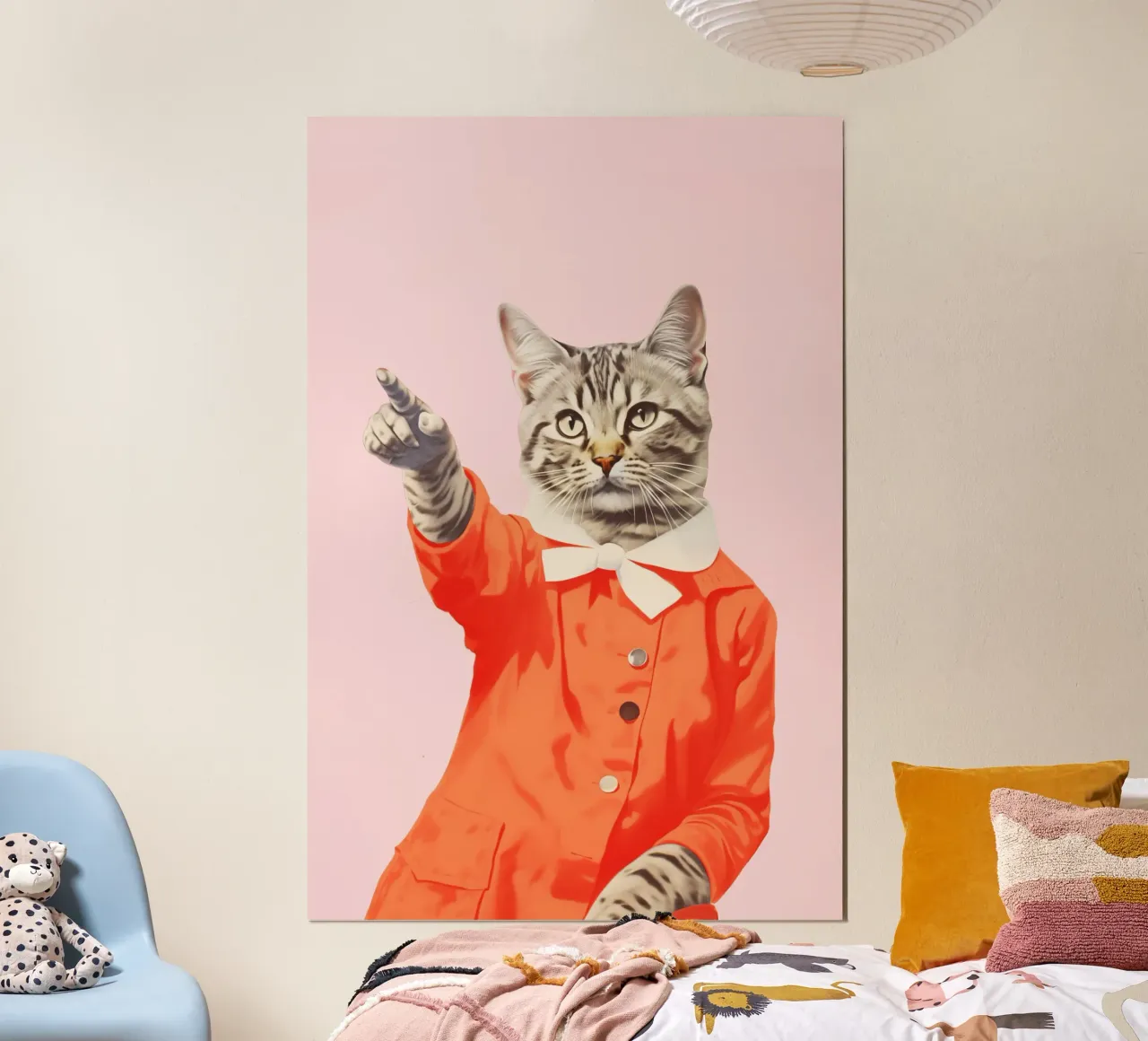 Kitty Cat in Orange Kleid Poster mit Holzrahmen von Malou-Studio