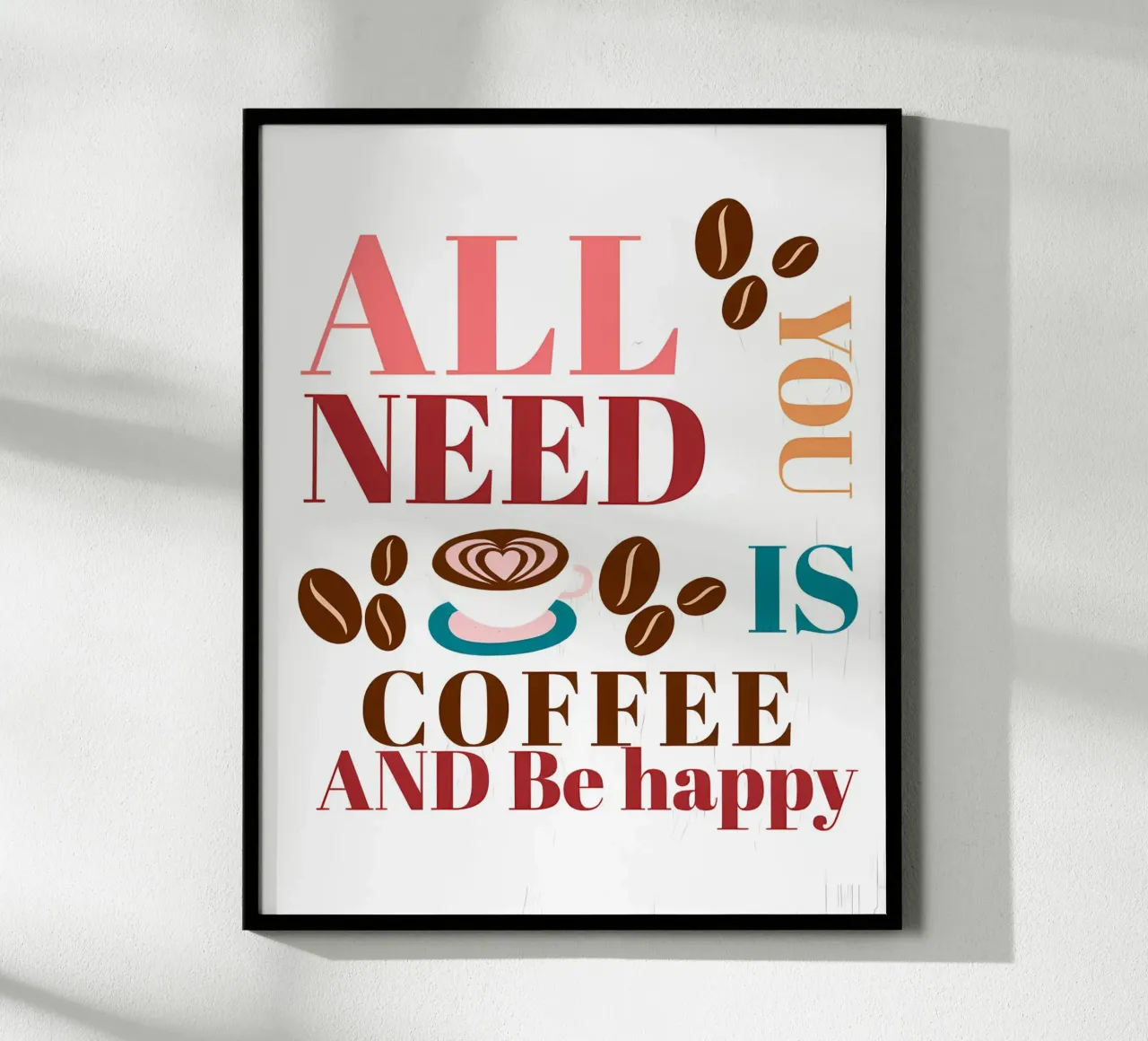 Tutto ciò che serve è caffè e felicità poster con telaio in legno da inspirational quote