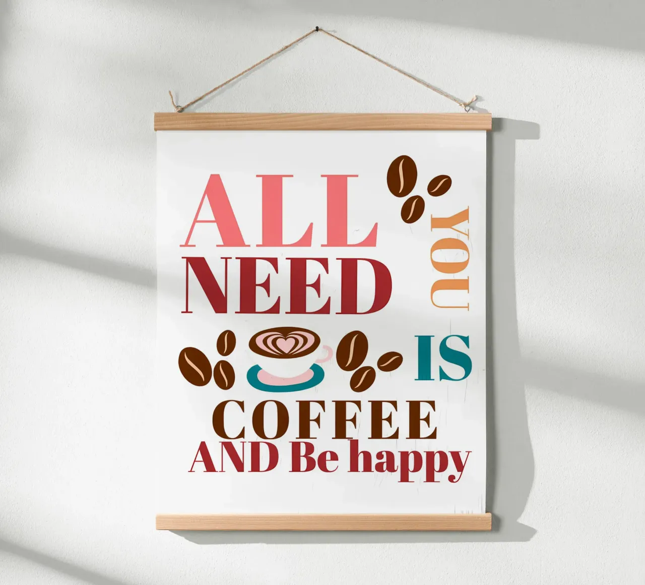 Tutto ciò che serve è caffè e felicità poster con telaio in legno da inspirational quote
