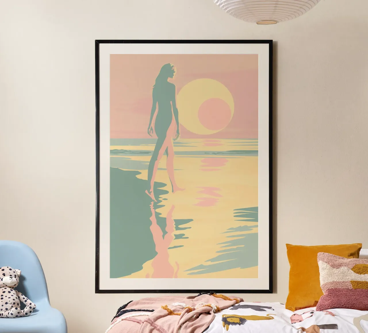 Donna sulla spiaggia all'alba | Poesia Zen Retro Pastello poster da Autofocus