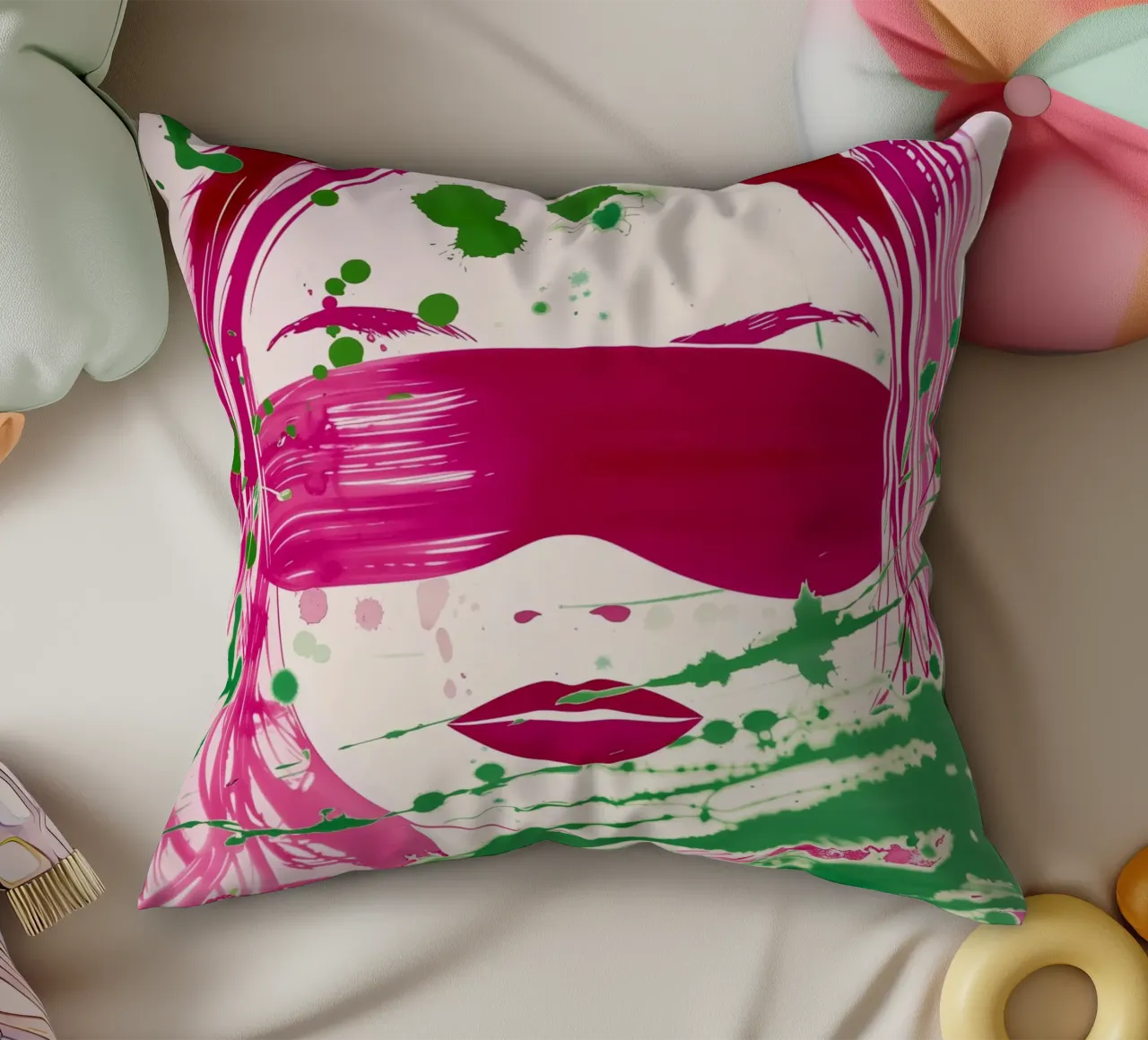 Donna bendata | Action painting con colori al neon cuscino da Autofocus