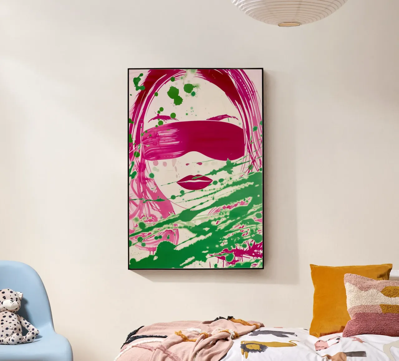 Donna bendata | Action painting con colori al neon plexiglass da Autofocus