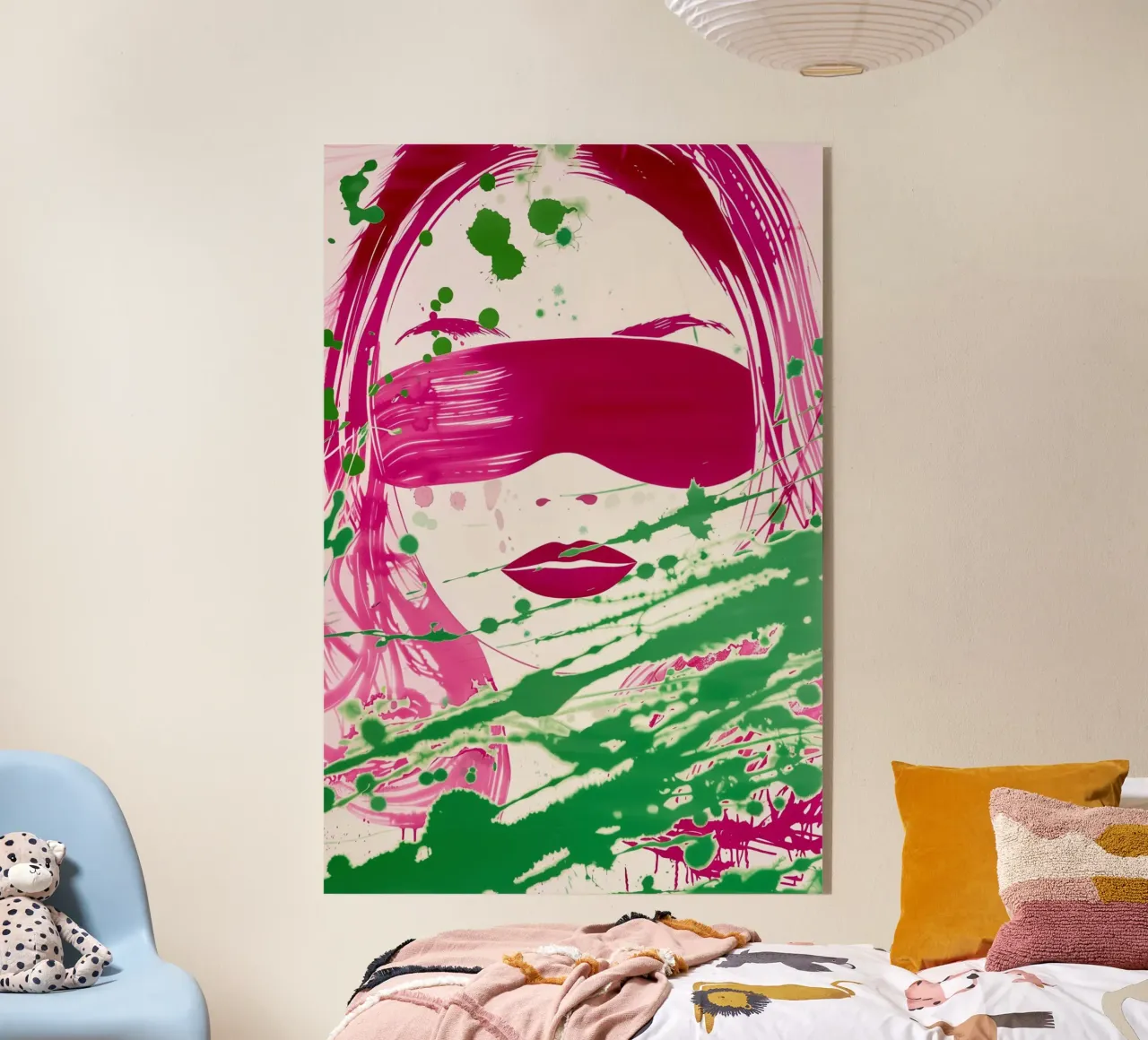 Donna bendata | Action painting con colori al neon plexiglass da Autofocus