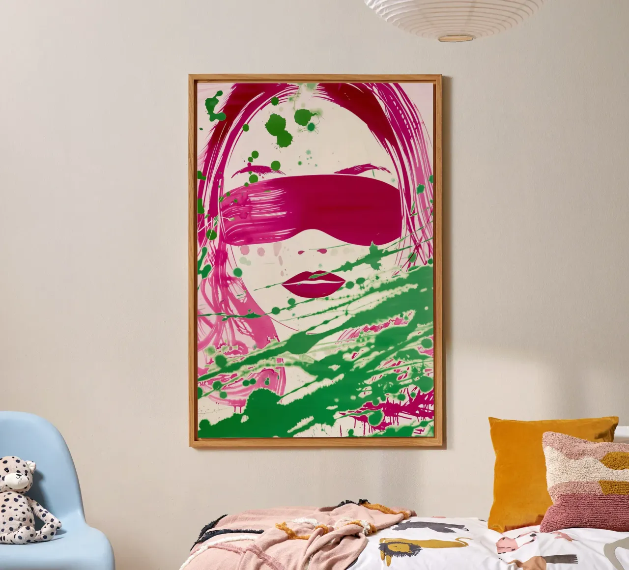 Donna bendata | Action painting con colori al neon alluminio dibond da Autofocus
