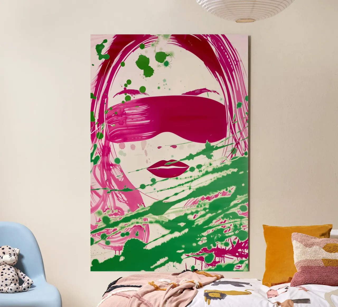 Donna bendata | Action painting con colori al neon alluminio dibond da Autofocus