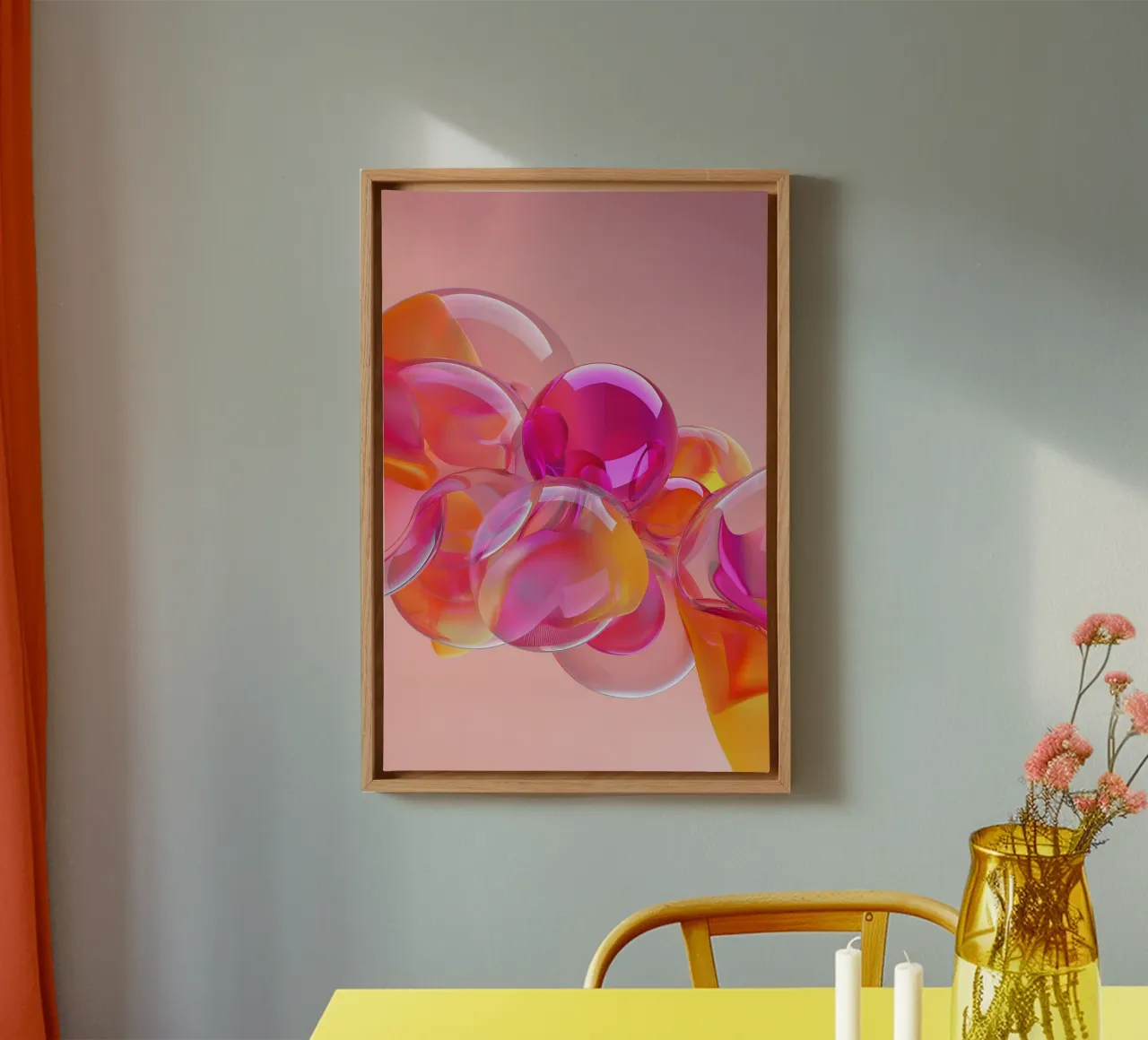 Palline di vetro rosa e arancione tela con Cornice a cassetta da Malou-Studio
