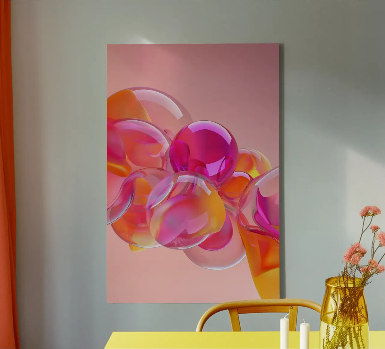 Palline di vetro rosa e arancione tela con Cornice a cassetta da Malou-Studio